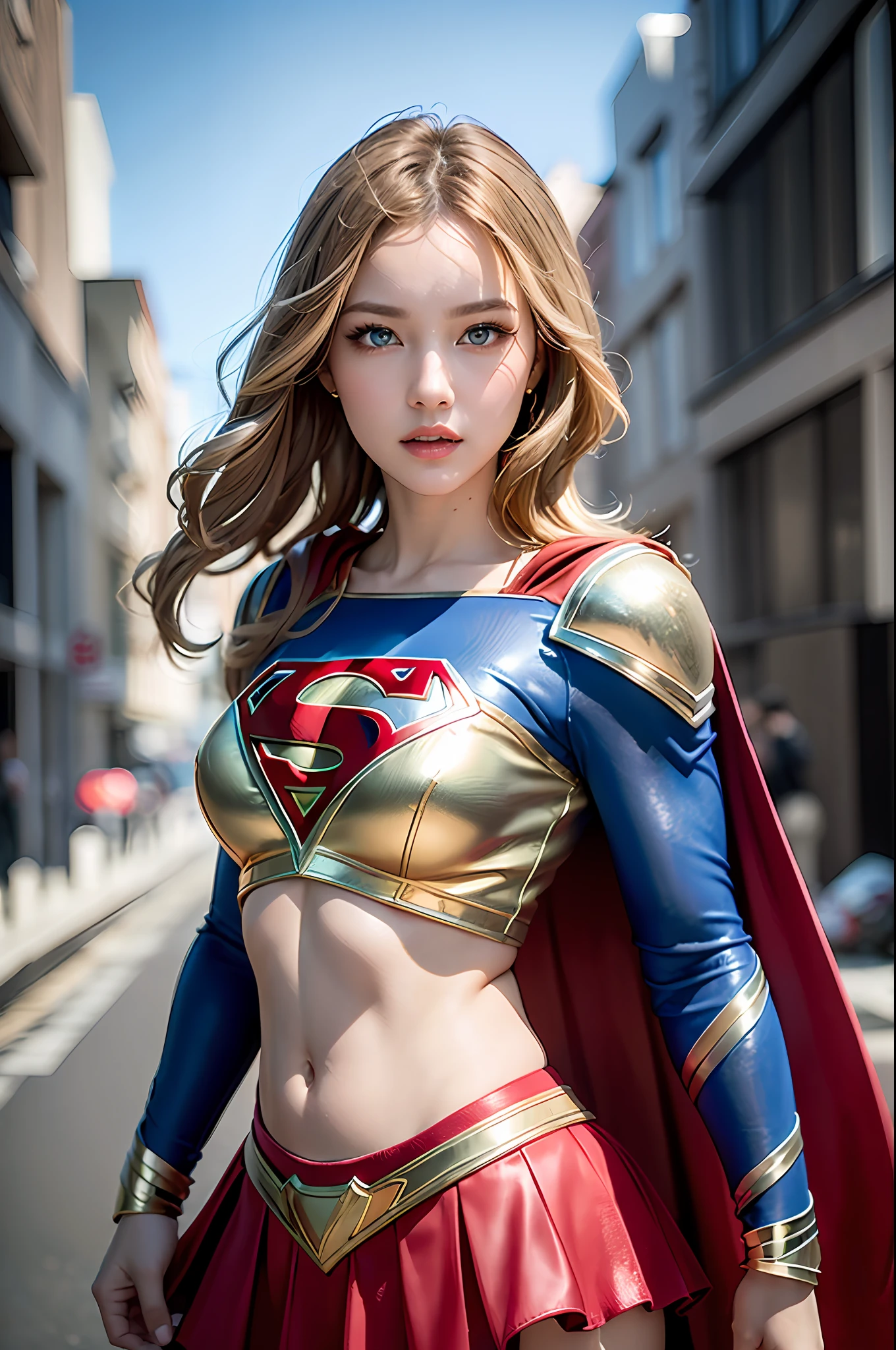 Strong and cool Supergirl photo portrait、8K、Dark outfits、Dreamy and magical atmosphere、（Superheroine costumes、Superman logo on chest）、（white male、Feminine abs）、(A beautiful Blue eyes、Light blonde hair、White Skin Skin、eye liner、False lashes、slender eyes、 shining skin、high gloss skin、Constriction、Professional lighting、Belly Navel、a perfect face、Perfect style）、（20 age old、adult lady、milf woman、Wide waist、thights、shadings、Back lighting）、from front view、Cool Beauty、cow-boy shot、Standing、Face down and looking at the camera、(Red skirt)、realisticeyes、 eyes in beautiful detail、(real-looking-skin)、Attractive ultra-high resolution、ultra hyperrealistic、extremly detailed、the golden ratio、Background is a dystopian building street in the evening、