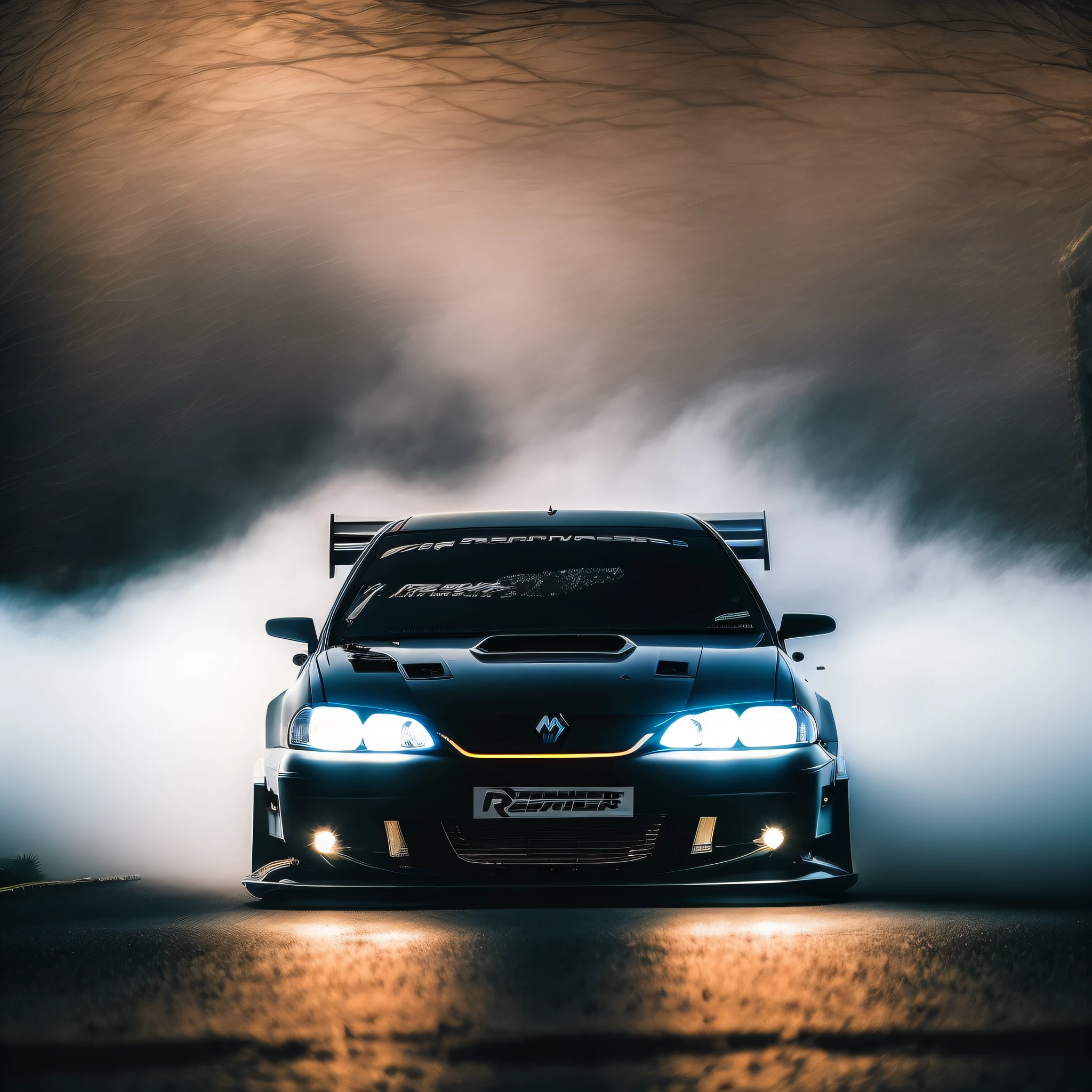 front side photo of matte black mk4Supra in a foggy garage, high quality photo, lens flare, bokeh, 8k resolution, gobo lights, warm ambient light, volumetric light, neon lights, depth of field, analog, foggy atmosphere, lens flares, light bloom, portra 800 film, --auto
