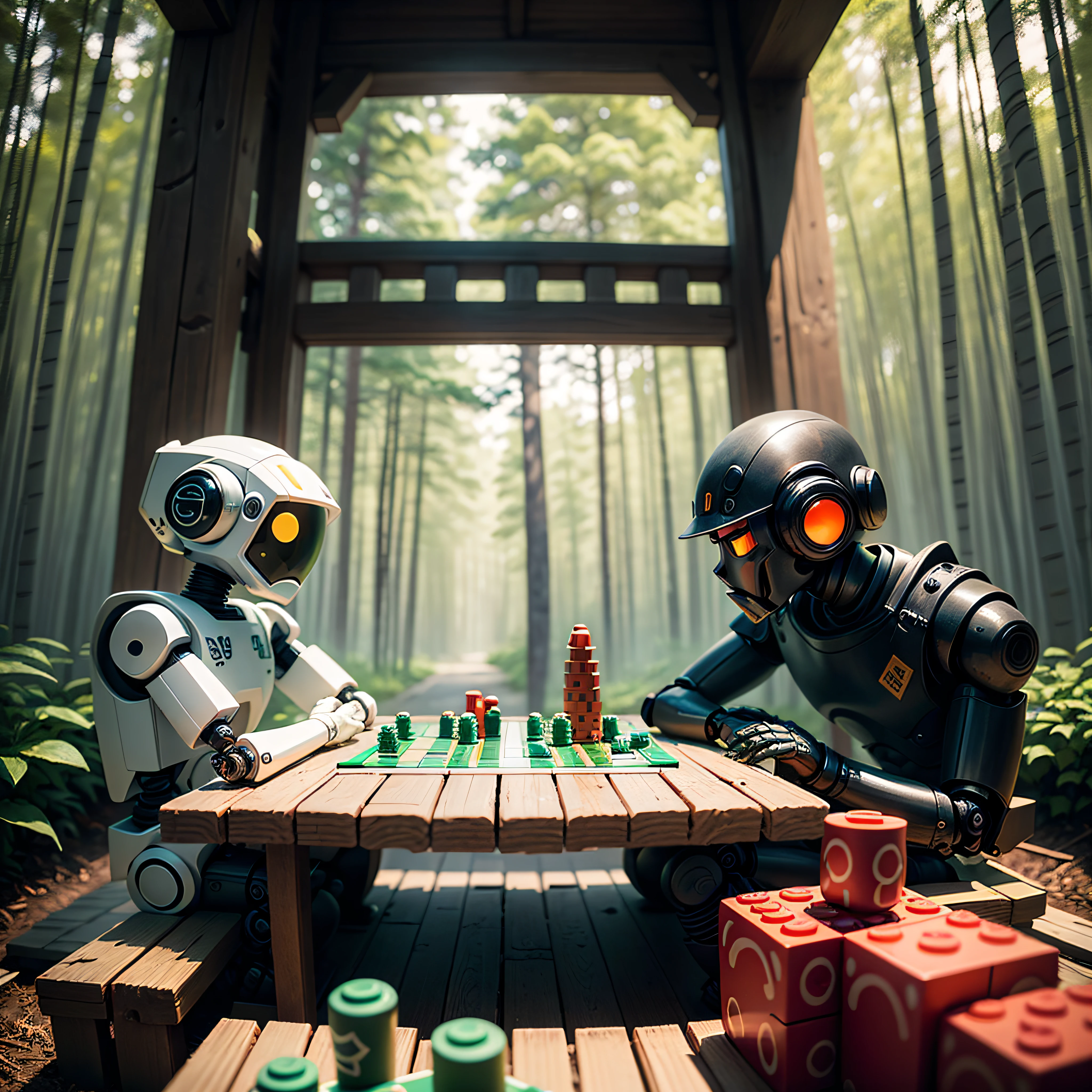 Under the bamboo forest，Two robots sitting and playing Go，Go has a Lego toy on it，The style of the picture is Chinese-style ink painting，There are two robots，There is a table，There are toys，There's Lego on the table --auto