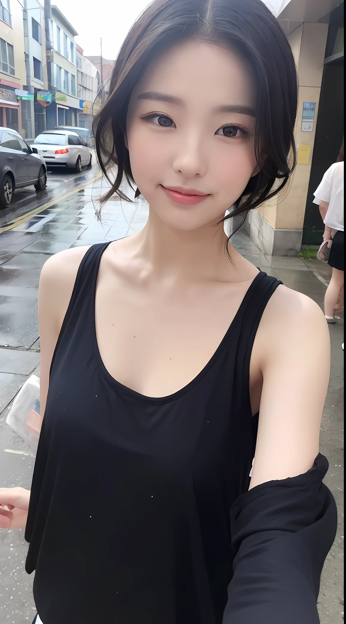 ((最佳质量, 8K, nmasterpiece:1.3)), focal point:1.2, perfect figure beautiful woman:1.4,(wetclothes:1.1) , (Rain, street:1.3), Bandeau dress:1.1, Highly detailed facial and skin texture, detailed eye, 双眼皮，Whiten skin，short-cut hair,(closes mouth:1.3)，Smile with