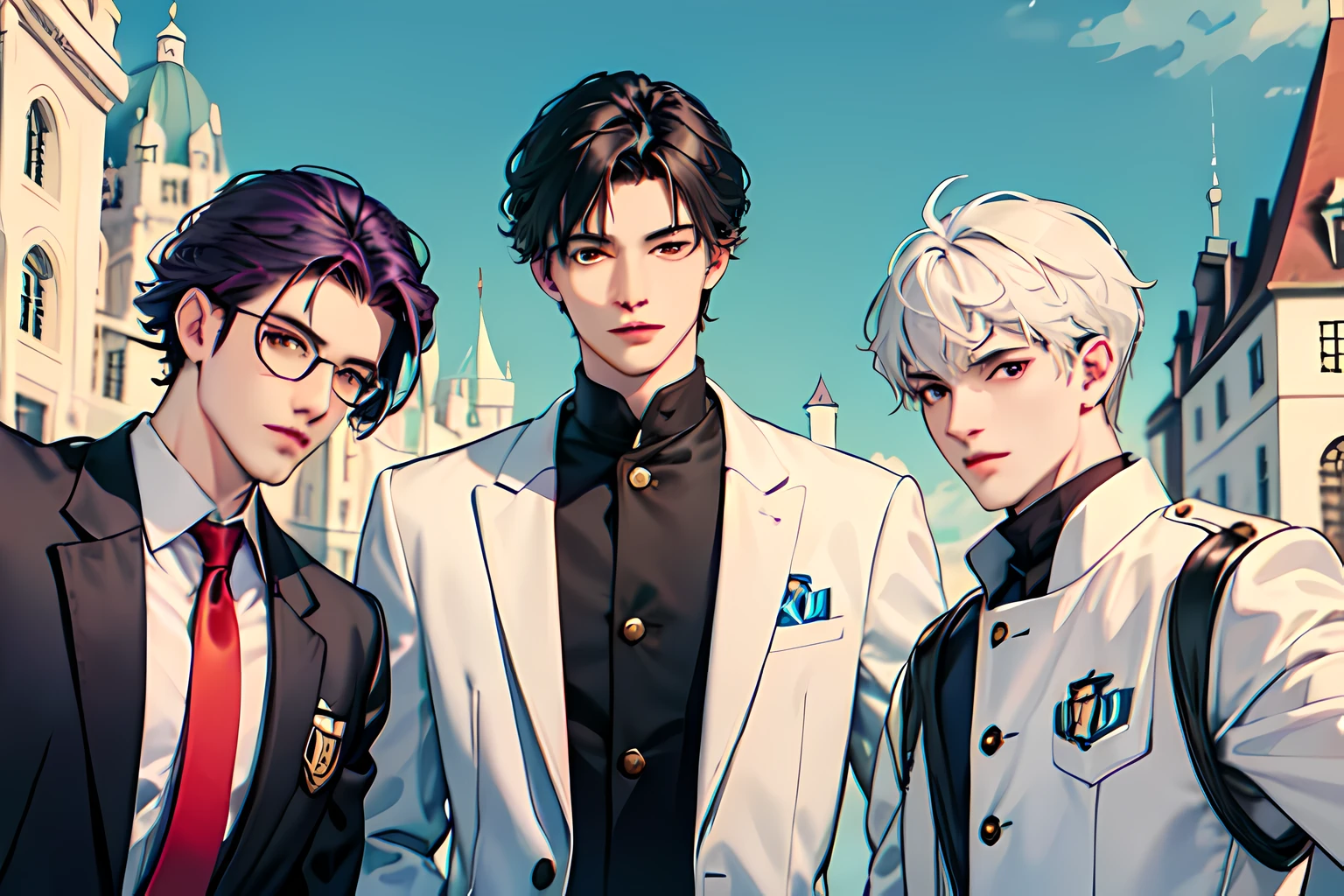 巨作,Best quality,3 handsome guy,With glasses,glaring,Short hair,
A handsome guy in a black suit,Leather,Black hair,Black eyes,
A handsome guy in a white school uniform,White hair,Yellow eyes,
A handsome guy in a white leather coat,Purple hair,Purple eyes,
Standing in the Castle,looking down on the camera,pov from below
