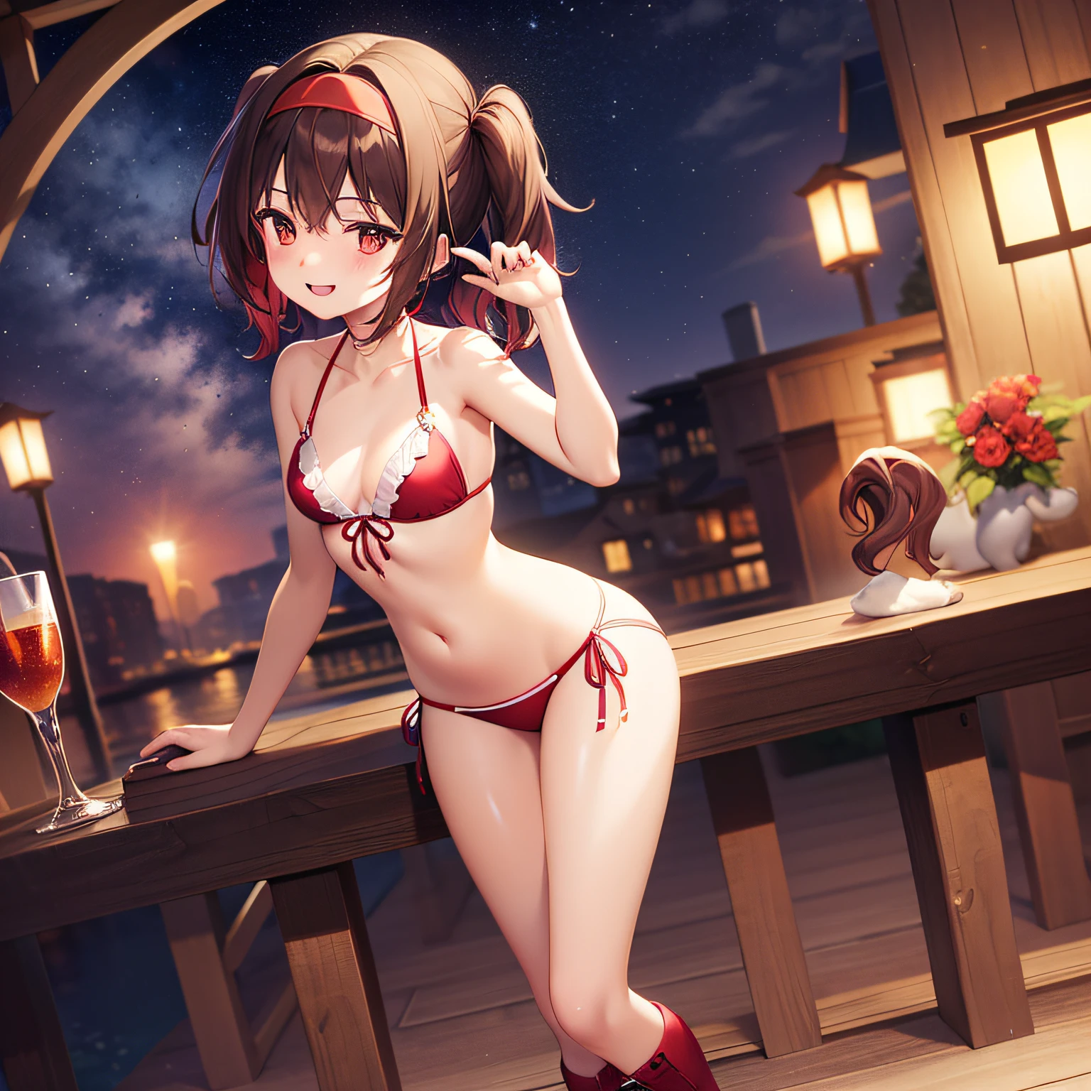 最好的质量、an extremely delicate and beautiful、((One person))、Poor night、yo、(Dark hair)、maicro bikini、((ponie tail))、((red hairband))、(Brown boots)、(red-eyed)、Standing、smile on face、
