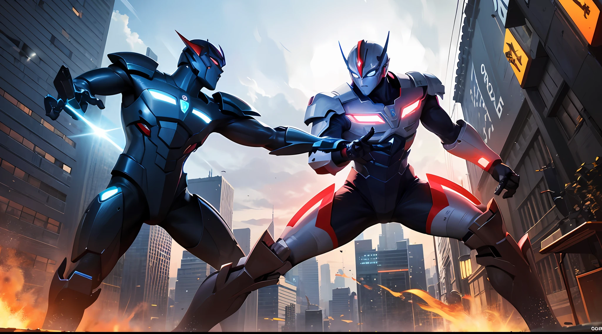 Create a striking digital painting of an Ultraman hero engaging in a fierce battle with a gigantic monster. The scene takes place in a futuristic cityscape with towering skyscrapers and flying vehicles, all illuminated by vibrant neon lights and the glowing energy beams emitted during the fight. The artwork should be in a realistic style, showcasing the hero's dynamic poses and intense action. Use a digital medium to illustrate the full body of the Ultraman hero, ensuring the artwork has a vibrant and dynamic color scheme that enhances the sense of excitement and energy. Employ computer graphics techniques to render the scene in 3D, adding realistic textures for a high-definition, detailed final result. --auto