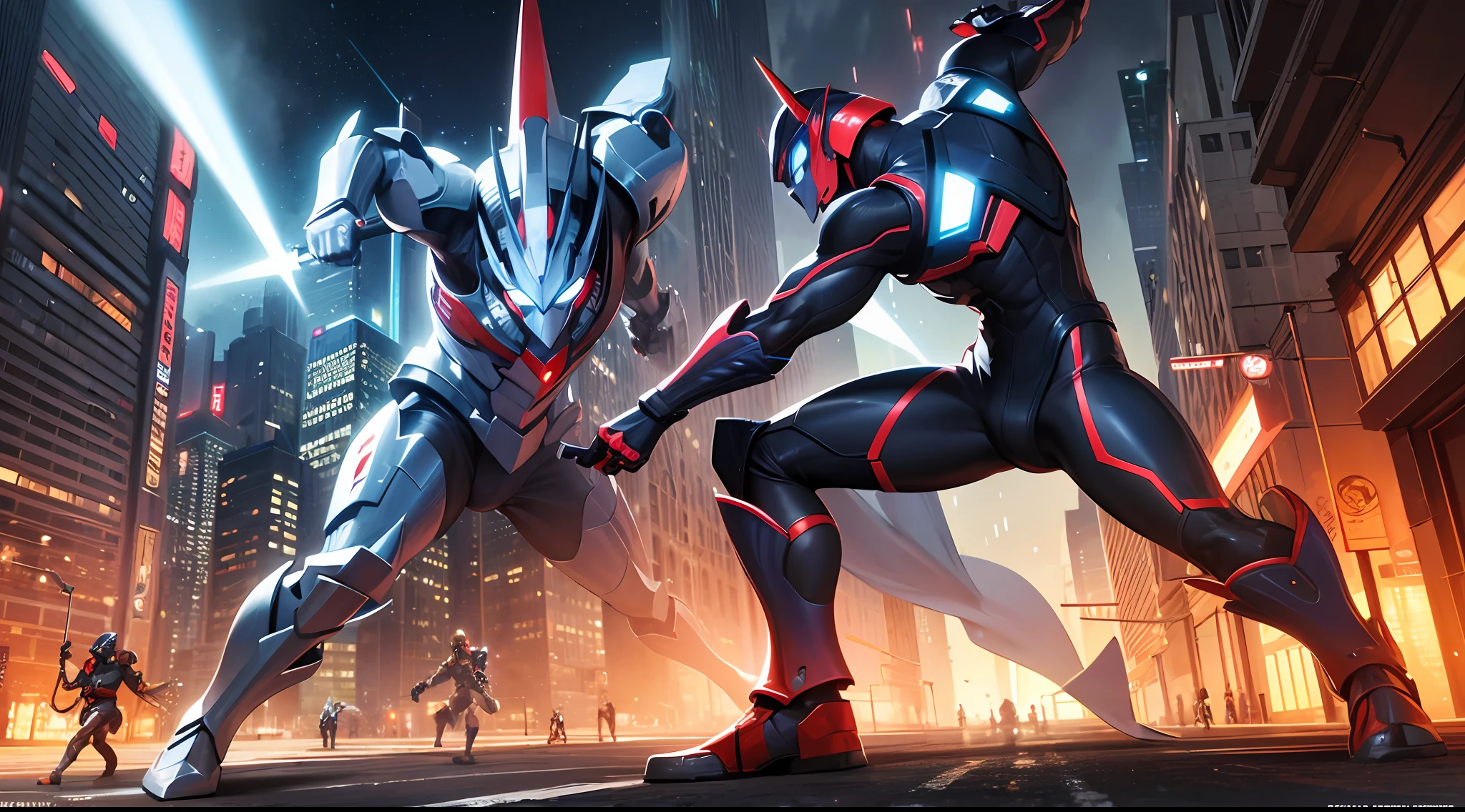 Create a striking digital painting of an Ultraman hero engaging in a fierce battle with a gigantic monster. The scene takes place in a futuristic cityscape with towering skyscrapers and flying vehicles, all illuminated by vibrant neon lights and the glowing energy beams emitted during the fight. The artwork should be in a realistic style, showcasing the hero's dynamic poses and intense action. Use a digital medium to illustrate the full body of the Ultraman hero, ensuring the artwork has a vibrant and dynamic color scheme that enhances the sense of excitement and energy. Employ computer graphics techniques to render the scene in 3D, adding realistic textures for a high-definition, detailed final result. --auto