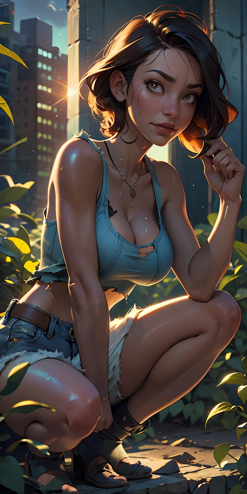 The Urban Ruins of the Wasteland, Female huntress picking fruit in the garden, torn shirt and denim shorts , sweating through, sun rising, Nice warm colors, The best volumetric lighting, Hyper Contrast, Ultra Hyper High Quality Textures, Squatting, petting the dog