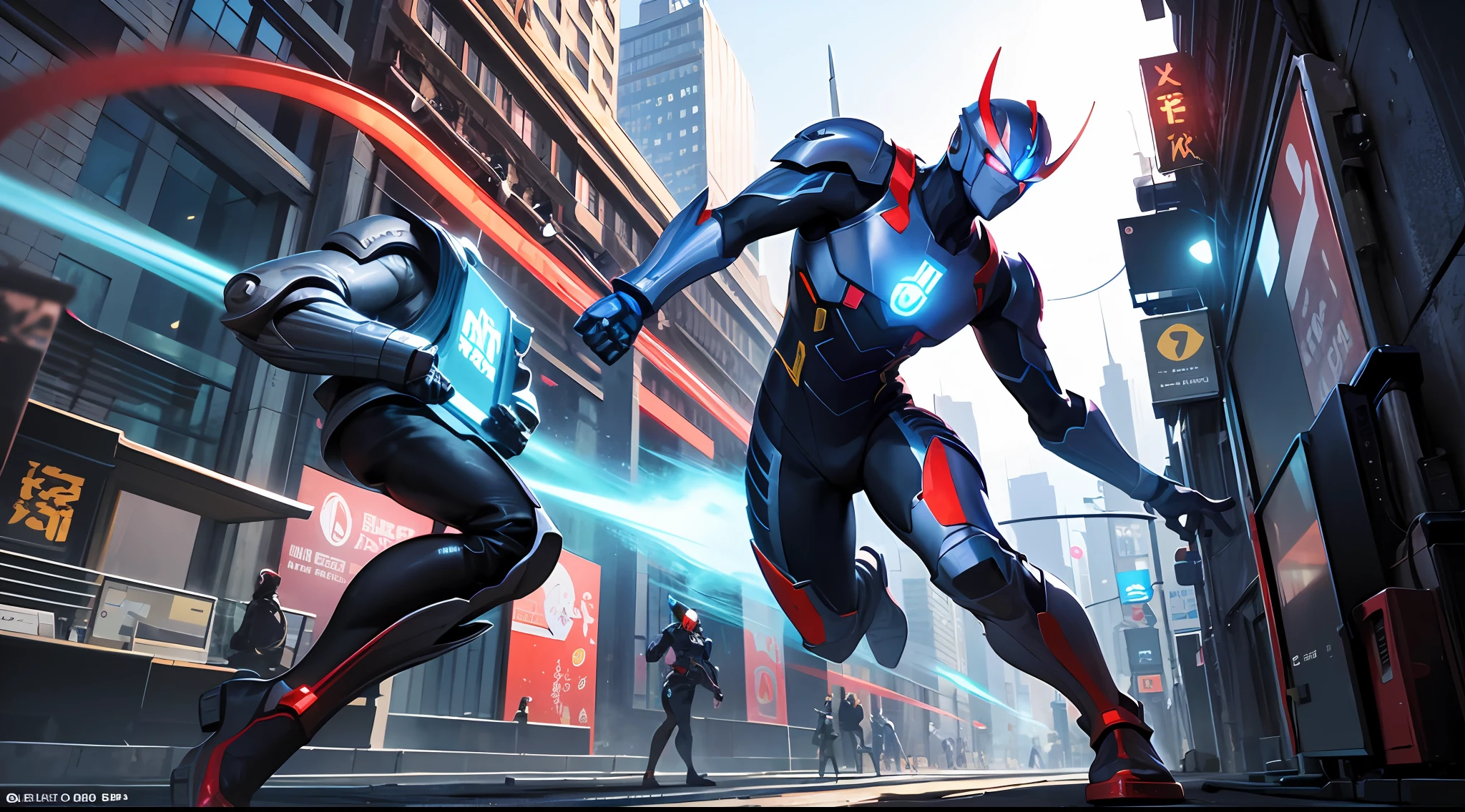 Create a striking digital painting of an Ultraman hero engaging in a fierce battle with a gigantic monster. The scene takes place in a futuristic cityscape with towering skyscrapers and flying vehicles, all illuminated by vibrant neon lights and the glowing energy beams emitted during the fight. The artwork should be in a realistic style, showcasing the hero's dynamic poses and intense action. Use a digital medium to illustrate the full body of the Ultraman hero, ensuring the artwork has a vibrant and dynamic color scheme that enhances the sense of excitement and energy. Employ computer graphics techniques to render the scene in 3D, adding realistic textures for a high-definition, detailed final result. --auto