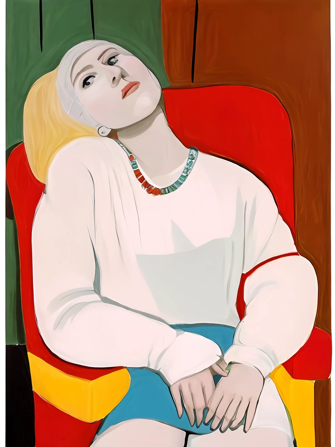 a drawing,A woman sits in a chair,A necklace is worn around his neck, style of picasso, author:pablo picasso, style of picasso, author:Pablo picasso, picasso masterpiece, pablo picasso painting, similar aesthetics to picasso, inspired by Pablo Picasso, kiki picasso style, inspired by Picasso, pablo picasso. Graffiti art, cubist picasso, cubism and / or romanticism