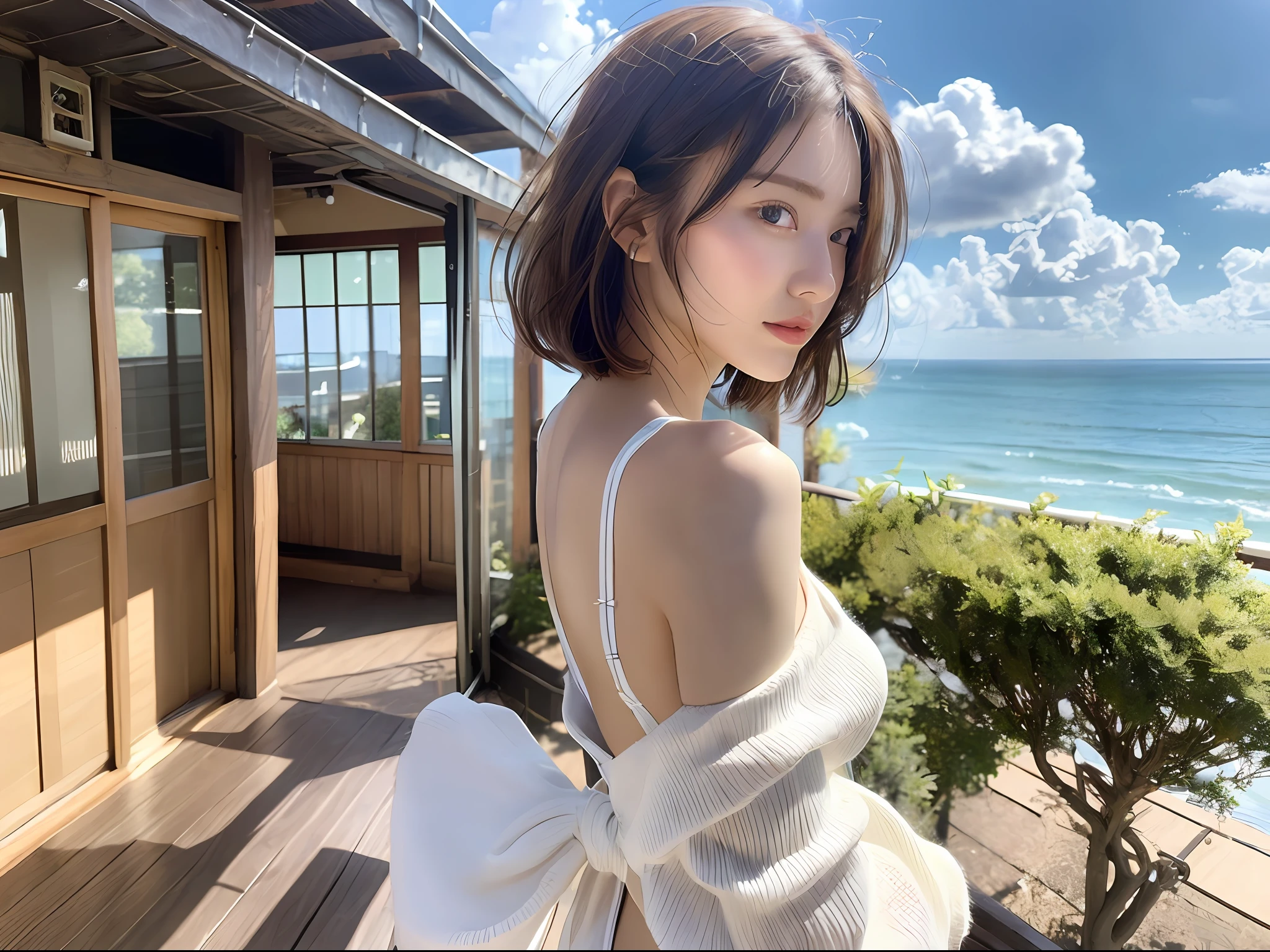 (in 8K, maximum quality, A masterpice:1.2),(Hair_style) ，(Realstic, pfotorealistic:1.37), maximum quality, A masterpice, In the summer sunshine、Shot on the wooden deck with a view of the sky and sea、［mediur breasts］、［little chest］、Two models with a similar atmosphere、Same location、Backlight、Camera angles from the waist up、Angle from behind、Pose with hands raking up hair、Shot in natural light from morning to noon、Hairstyles and fashion styles that match the trends of the Japan of 2023、Realstic、Lifelike、Super Detail、Beautiful facial features、30s、Actress、Half Japan and Russian model、Elaborate CG、slender、kawaii、mature、Hairstyle is a short bob cut that matches the fashion of the Japan in 2023 and flutters in the wind、Delicate skin type、Fine details and softness of hair、The model's hair color is slightly bright and soft.、Glossy makeup、Fashion style is skimpy swimwear according to summer trends of 2023、You can see the pubic streaks clearly.