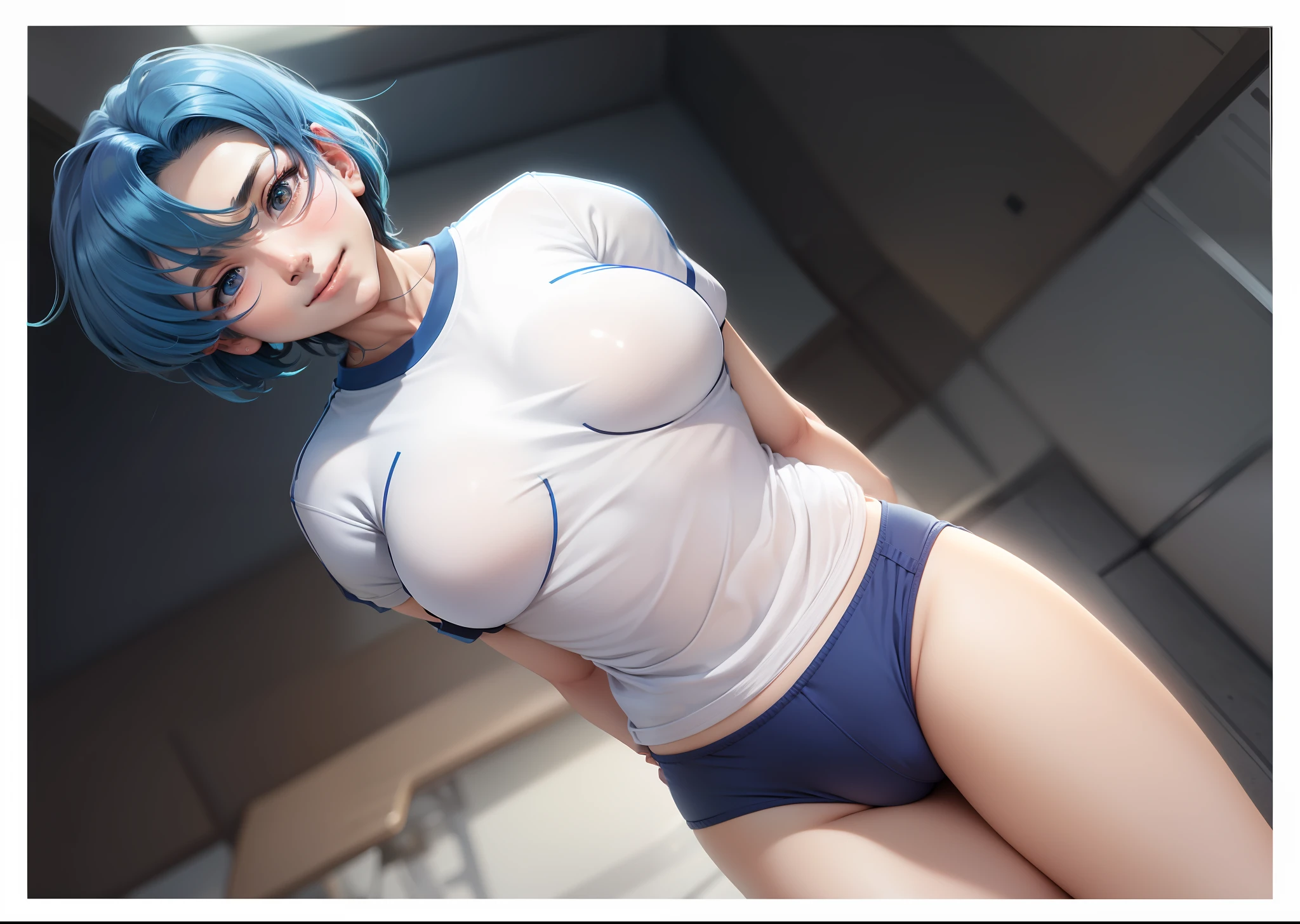 Blue haired anime boy poses for camera, Ecchi Anime Style,, Enchanting anime boy, Anime style, Men with short blue hair, beautiful alluring anime , Anime Junior High School Boy, 2 d anime style、Exposed legs、whiteshirt、gym shirt、Tshirts、Short sleeve、Blue bloomers、Wearing blue bloomers、White gym shirt、blancheTshirts、smile on face、young teen、Beautiful Boy、Not wearing glasses