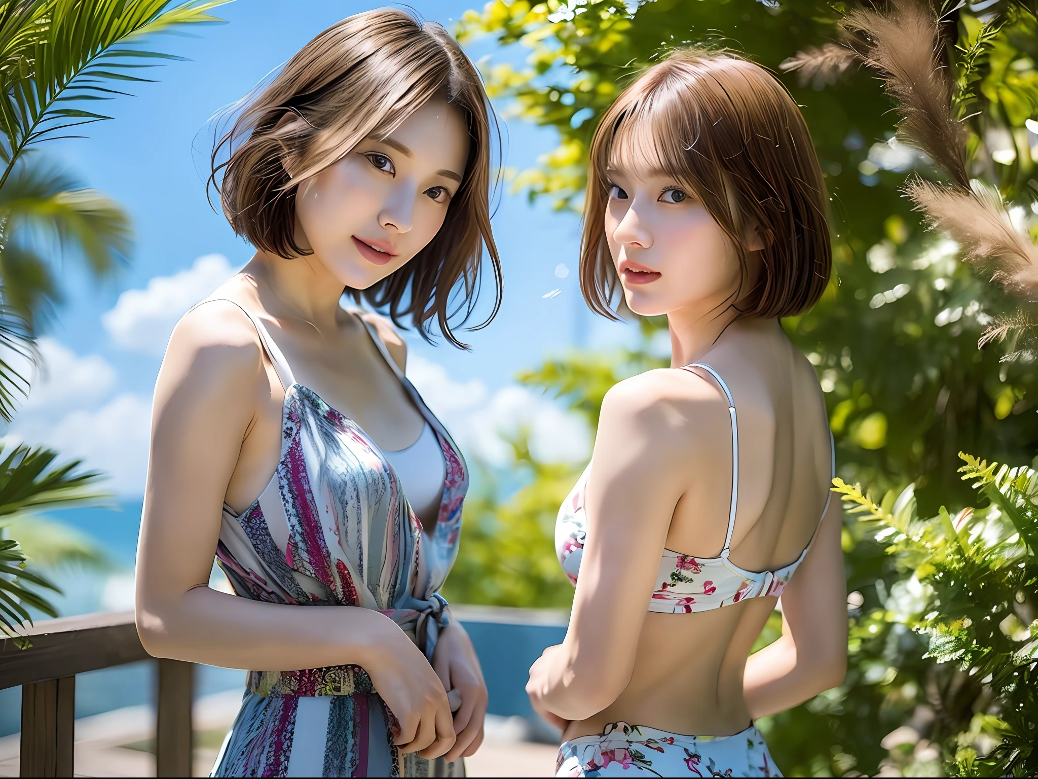 (8k, maximum quality, A masterpice:1.2),(hair_style) ，(Realstic, pfotorealistic:1.37), maximum quality, A masterpice, In the summer sunshine、Shot on the wooden deck with a view of the sky and sea、［small tits］、［little chest］、Two models with a similar atmosphere、Same location、Backlight、Camera angles from the waist up、Angle from behind、Pose with hands raking up hair、Shot in natural light from morning to noon、Hairstyles and fashion styles that match the trends of the Japan of 2023、Realstic、Lifelike、Super Detail、Beautiful facial features、30s、Actress、Half Japan and Russian model、Elaborate CG、Slender、kawaii、Mature、Hairstyle is a short bob cut that matches the fashion of the Japan in 2023 and flutters in the wind、Delicate skin type、Fine details and softness of hair、The model's hair color is slightly bright and soft.、Glossy makeup、Fashion style is skimpy swimwear according to summer trends of 2023