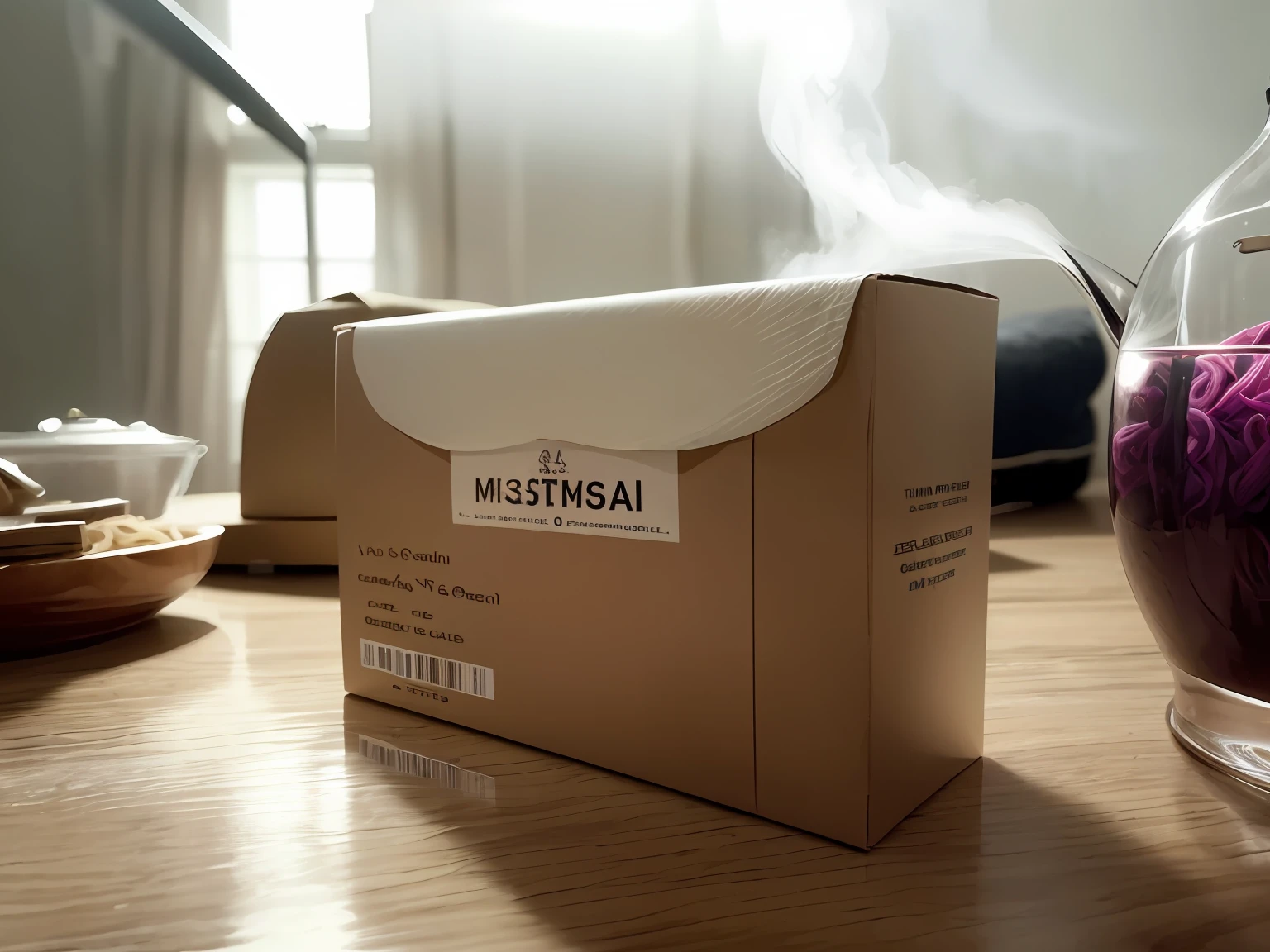 arafed box of misteri pasta on a table in a room, (((thin fog))), misterious, chewing tobacco, mystique, delivering parsel box, mistic, ((thin fog)), detailled image, 【 sciart 💙💜 mson, misting, package cover, (mist filters), mystery horror, product photograph, mist filters, (thin fog), detailed product image, musty