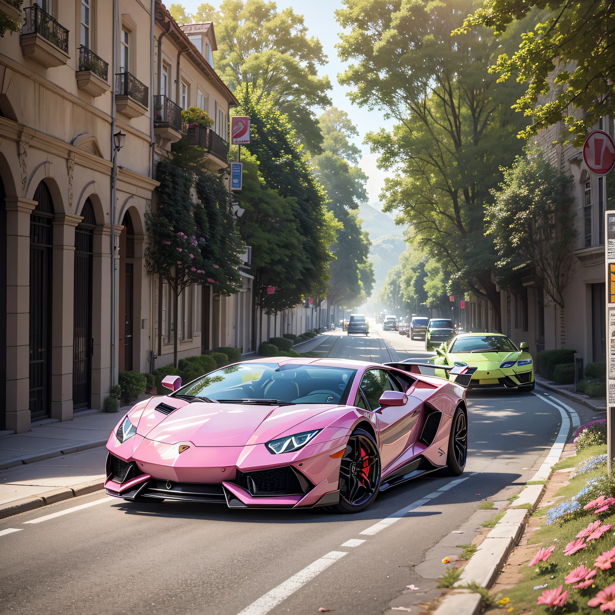 Lamborghini,Bright red,Front right view,In front of a building,There is a logo on the side,It reads Café del Margheri --auto