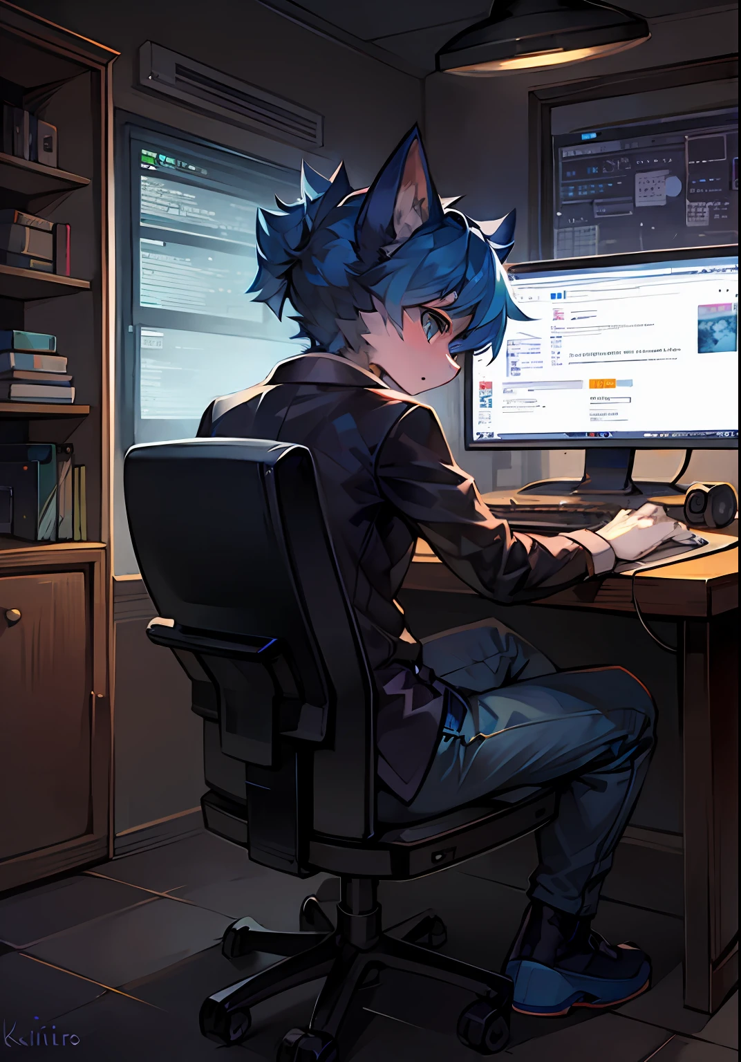 Blue hair kitten，programmer，Write code，sitting at a computer desk