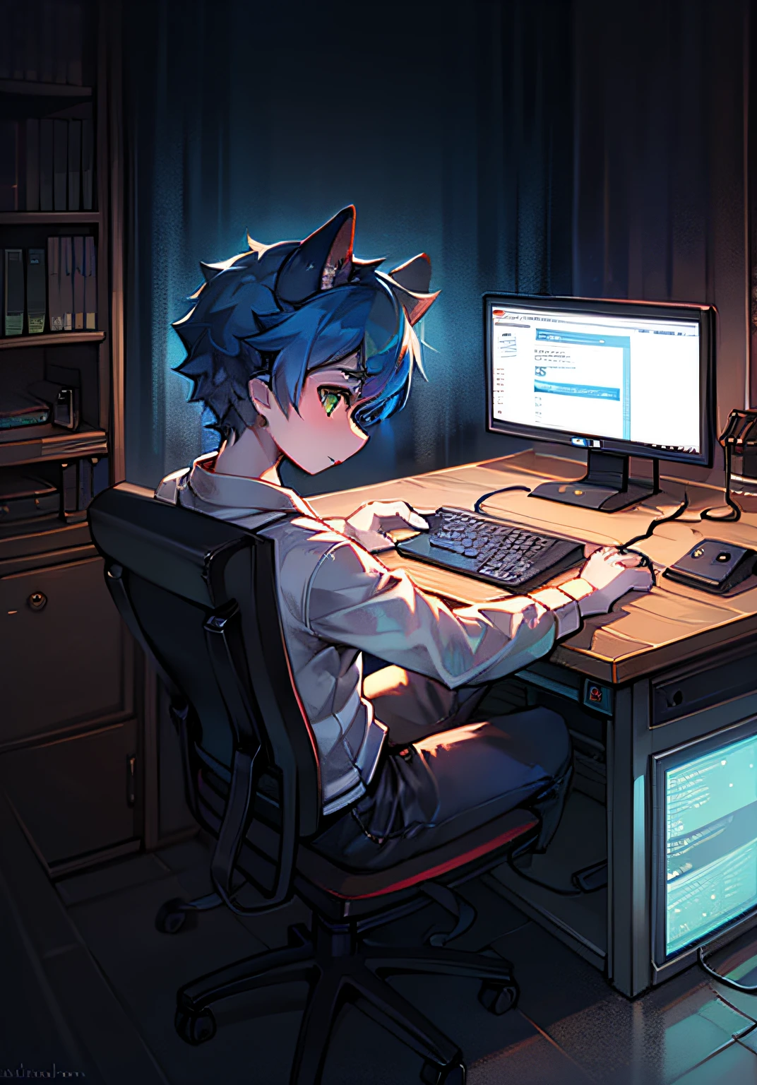 Blue hair kitten,programmer,Write code,sitting at a computer desk