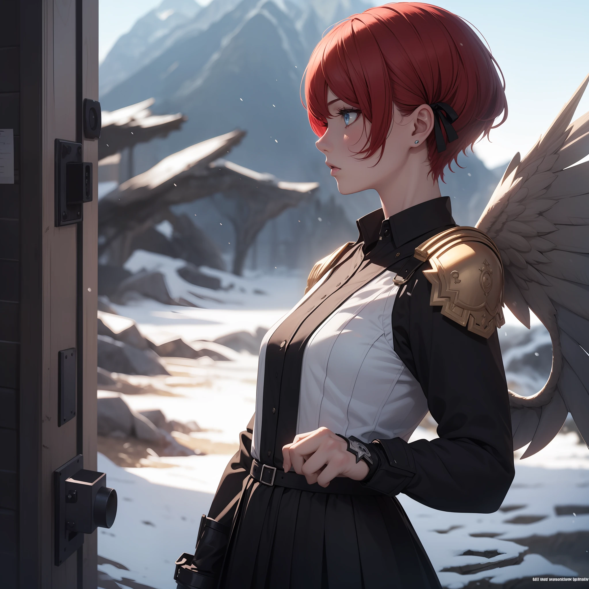 [prompt]

(masterpiece), (look_at_the_sky) (looking_up),  (best quality), (ultra-detailed), (best illustration), looking_up, looking at the sky, outdoors, standing, full body, model, 1girl, solo, ex-pression face, (sideview), from_side, (wings of light), small_breasts, large wings, wings at the back, pointy_ears, red_hair, short_hair, black long sleeve blouse with small ribbon on the chest, black dress, black grunge skirt with stripes, black long boots, metal gauntlets on arms, blue_eyes, yellow_eyes, anime, best_quality, detailed_background, milk galaxy, snow, storm, mountain, (sombre), (red_hair), medium_hair, black_hair, Wind_effect, short_hair

[negative_prompt]

(worst quality, low quality:1.4), (realistic, lip, nose, tooth, rouge, lipstick, eyeshadow:1.0), (dusty sunbeams:1.0),(abs, muscular, rib:1.0), (depth of field, bokeh, blurry:1.4), (greyscale, monochrome:1.0), text, title, logo, signature ,watermark, username, artist name, bad anatomy, out of frame, ugly, extra fingers, mutated hands, poorly drawn hands, poorly drawn face, mutation, deformed, dehydrated, bad proportions, extra limbs, cloned face, disfigured, gross proportions, malformed limbs, missing arms, missing legs, extra arms, extra legs, fused fingers, too many fingers, hair ribbon, metal shoulder, epaulet
