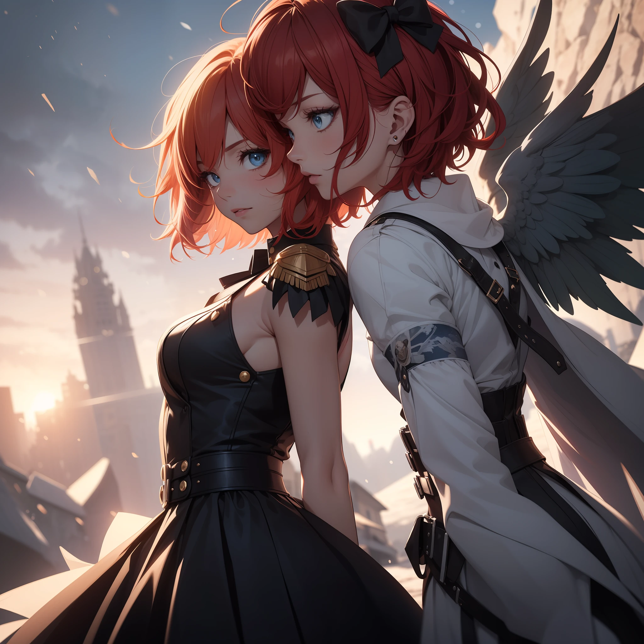 [prompt]

(masterpiece), (look_at_the_sky) (looking_up),  (best quality), (ultra-detailed), (best illustration), looking_up, looking at the sky, outdoors, standing, full body, model, 1girl, solo, ex-pression face, (sideview), from_side, (wings of light), small_breasts, large wings, wings at the back, pointy_ears, red_hair, short_hair, black long sleeve blouse with small ribbon on the chest, black dress, black grunge skirt with stripes, black long boots, metal gauntlets on arms, blue_eyes, yellow_eyes, anime, best_quality, detailed_background, milk galaxy, snow, storm, mountain, (sombre), (red_hair), medium_hair, black_hair, Wind_effect, short_hair

[negative_prompt]

(worst quality, low quality:1.4), (realistic, lip, nose, tooth, rouge, lipstick, eyeshadow:1.0), (dusty sunbeams:1.0),(abs, muscular, rib:1.0), (depth of field, bokeh, blurry:1.4), (greyscale, monochrome:1.0), text, title, logo, signature ,watermark, username, artist name, bad anatomy, out of frame, ugly, extra fingers, mutated hands, poorly drawn hands, poorly drawn face, mutation, deformed, dehydrated, bad proportions, extra limbs, cloned face, disfigured, gross proportions, malformed limbs, missing arms, missing legs, extra arms, extra legs, fused fingers, too many fingers, hair ribbon, metal shoulder, epaulet