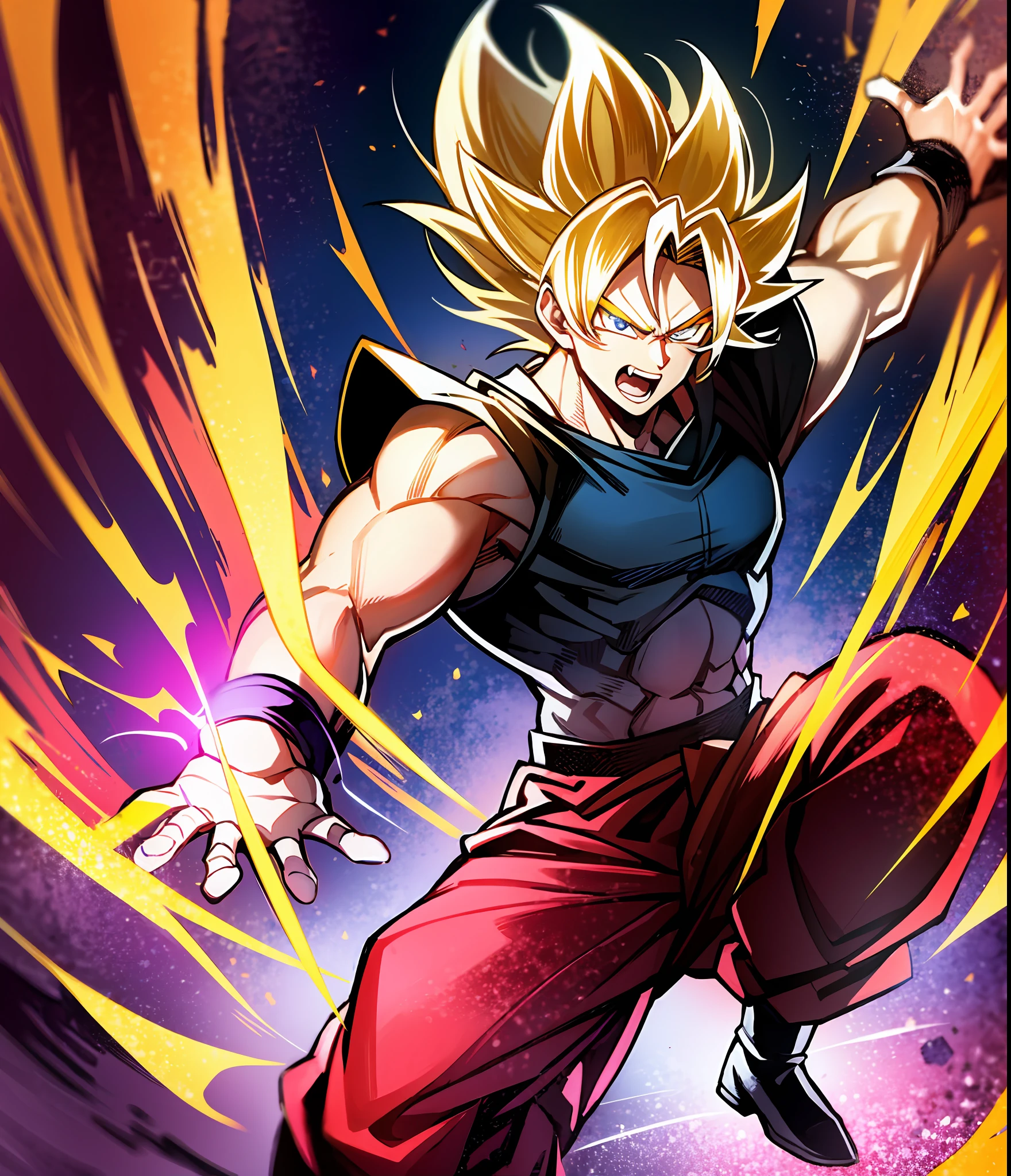 "Describe an epic scene in which Goku, no auge do seu poder, transforms into a Super Saiyan with blue eyes and yellow hair and is wearing a red and black battle suit. Your hair is a burning flame of golden energy, glowing brightly as he unleashes all his power. Seus olhos brilham com uma aura feroz e determinada.
Goku is surrounded by a pulsating red and black aura, que se estende em torno dele como chamas. Enquanto ele se move, as faixas vermelhas e pretas em sua roupa parecem se misturar, creating a mesmerizing pattern that accompanies your rapid movements.
The ground shakes beneath his feet as he prepares to attack. He raises his arms and forms a ball of golden energy between his palms. A bola de energia cresce rapidamente, liberando ondas poderosas de ki, sweeping the area around Goku.
Com um grito ensurdecedor, Goku dispara o poderoso ataque, launching him towards a colossal enemy. The energy ball flies through the air at an incredible speed, Leaving a trail of destruction in its path. Quando atinge o alvo, A burst of red and black energy erupts, illuminating the sky like a blazing sun.
Goku pousa graciosamente no solo, sua aura brilhante diminuindo gradualmente. Ele olha para o horizonte, knowing that your work is not yet complete. With renewed determination, He prepares for the next challenge, ready to protect the universe with his unparalleled power as the legendary Super Saiyan in red and black clothes."
