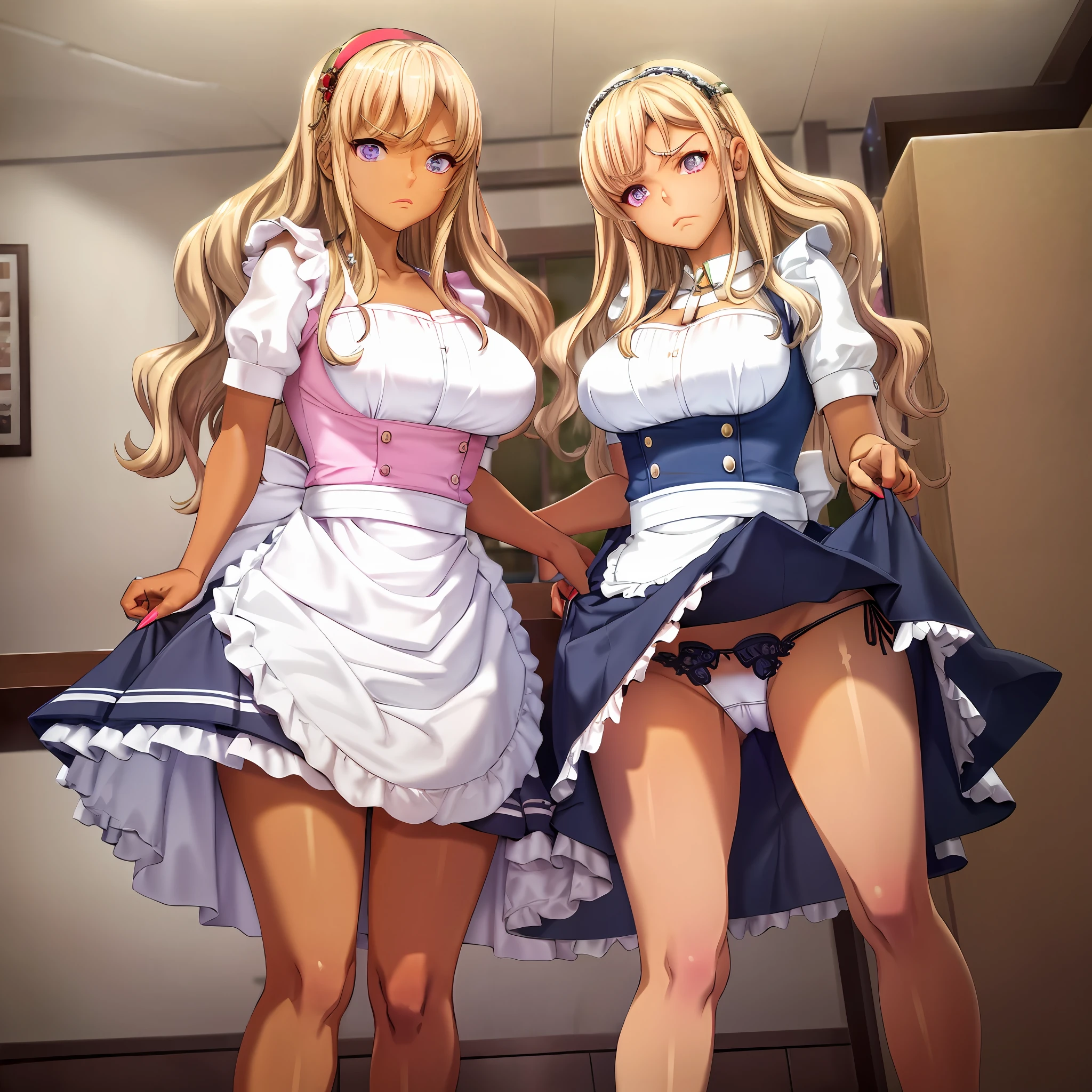 shiina_chieri, masterpiece, Best Quality, purple eyes, blonde hair, big breasts, frown)1.2,angry,contemptuous,disdain,masterpiece,Best Quality,(maid)1.4,A beautiful face,general store,indoors,(Lift up the skirt)1.5,(pink panties )1.3, Dutch corner, Clear reef, Legs apart,,Knees with us,