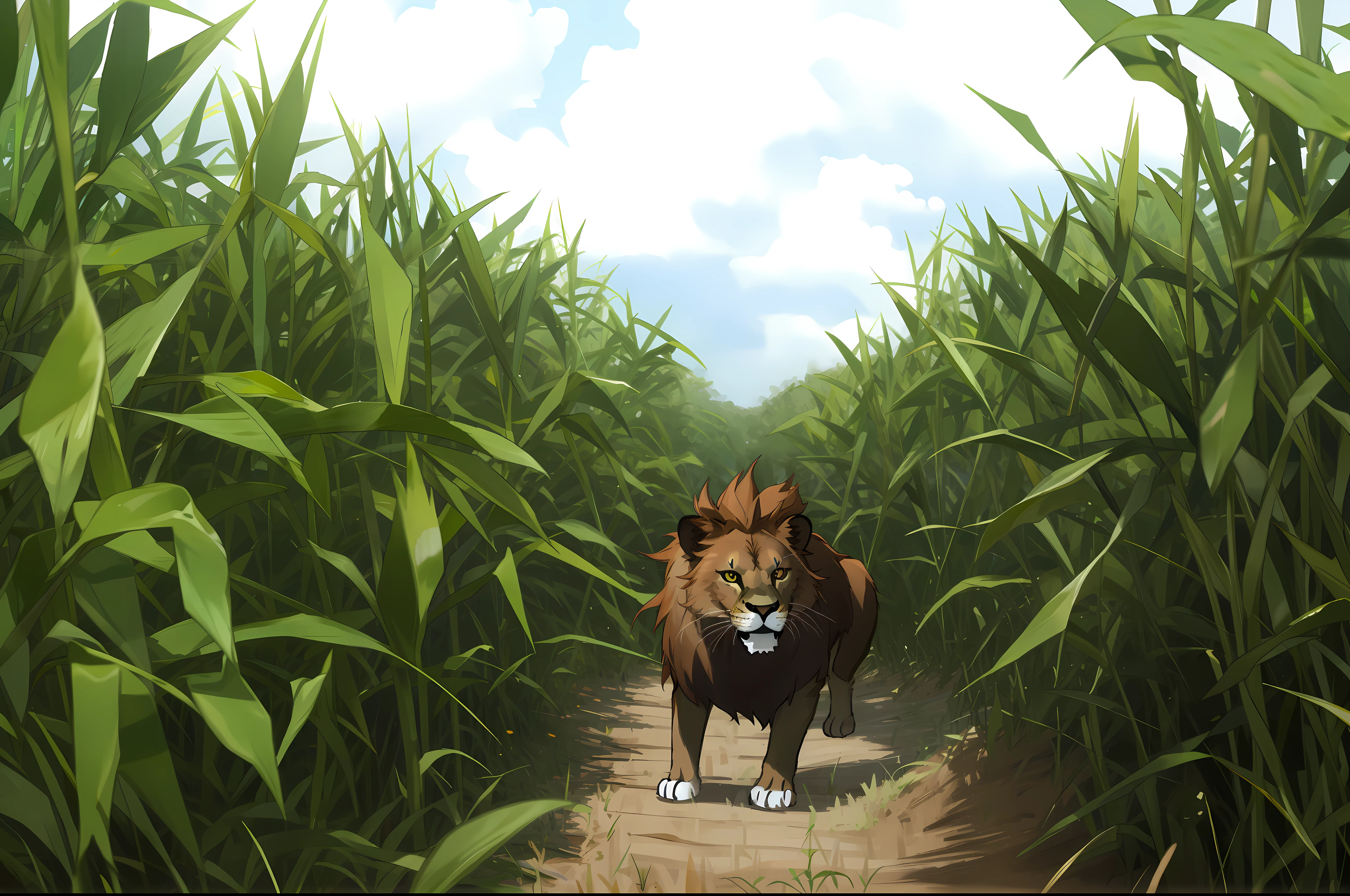 there's a lion in the cornfield,masterpiece,the best quality,HD,