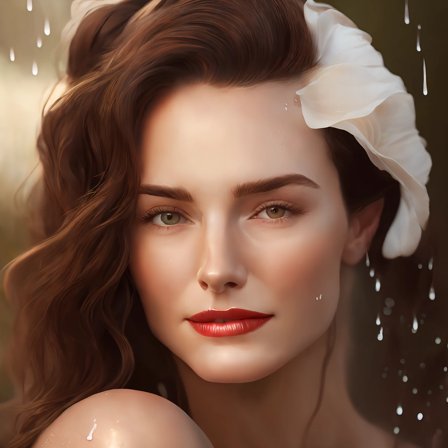 lara flyn boyle at 90's, ((more pale wet skin)), high bun head, much white glowing lubricant on face, dewy glowing face, red glossy thin lips, brown hair, 4K, best camera shoot --auto
