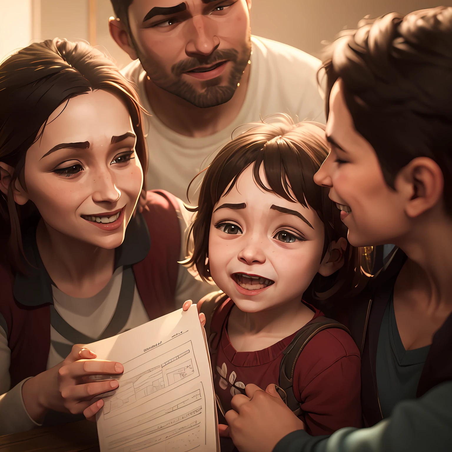 Create an image where a happy family welcomes and supports a child with attention deficit hyperactivity disorder, but that she is happy to be welcomed