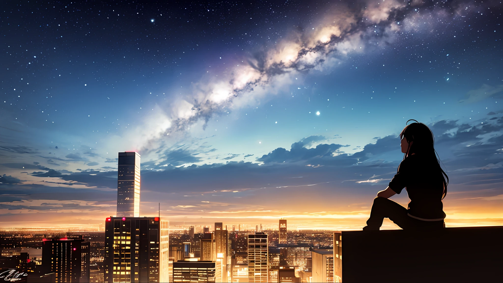 octane, sky, star (sky), landscape, starry sky, night, only child, night sky, solo, outdoor, signature, building, clouds, milky way, sitting, tree, long hair, city, silhouette, cityscape