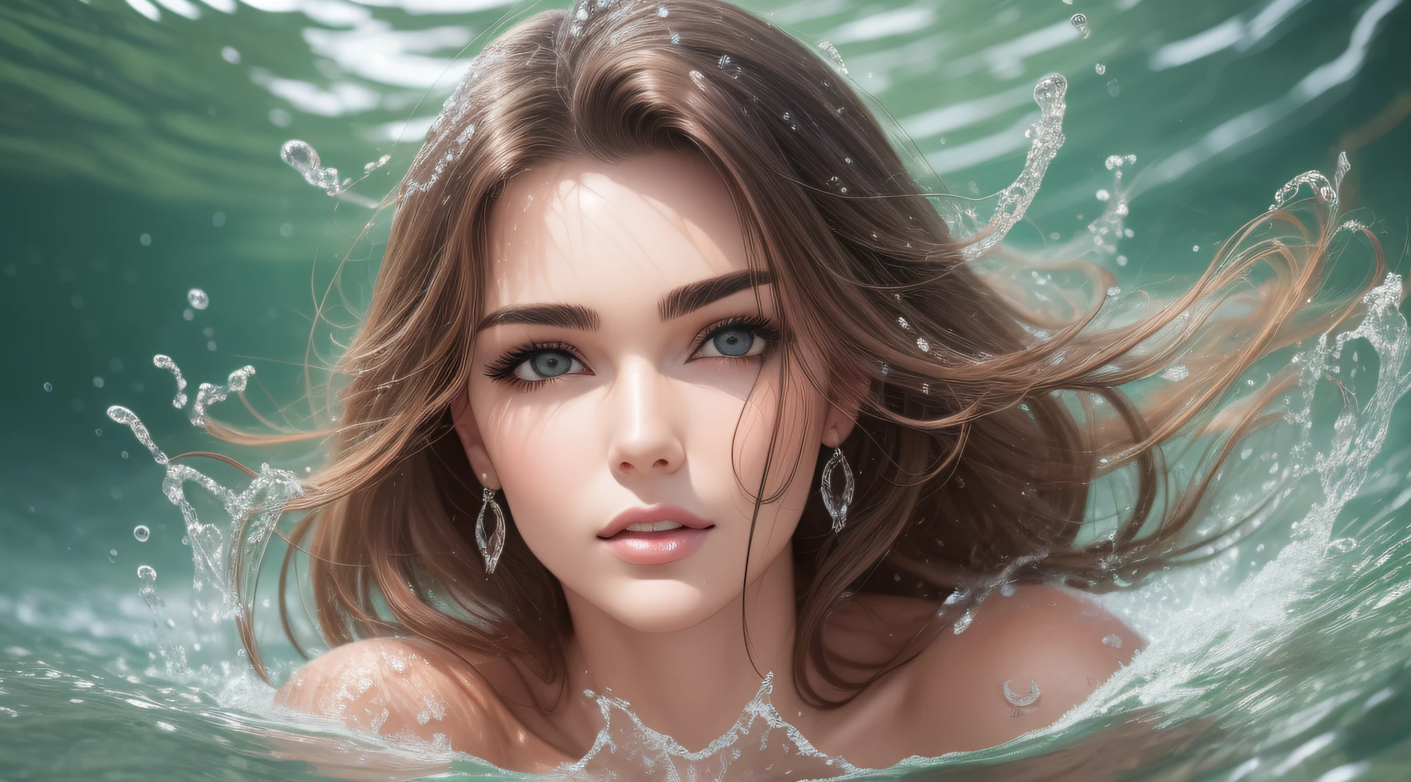 mulher, jovem, corpo inteiro, cabelo castanho com franjinha, cabelos cobrindo os seios nus, com o rosto de Brooke Shields, corpo de miss universo, hidromassagem, Seios pequenos, Whole naked body under translucent water, erotic pose, muito sensual, Erotismo extremo.retrato da mulher sks, altura mediana, fino, rosto oval, pele escura, olhos castanhos claros, nariz fino, fine lips, cabelo castanho claro liso,