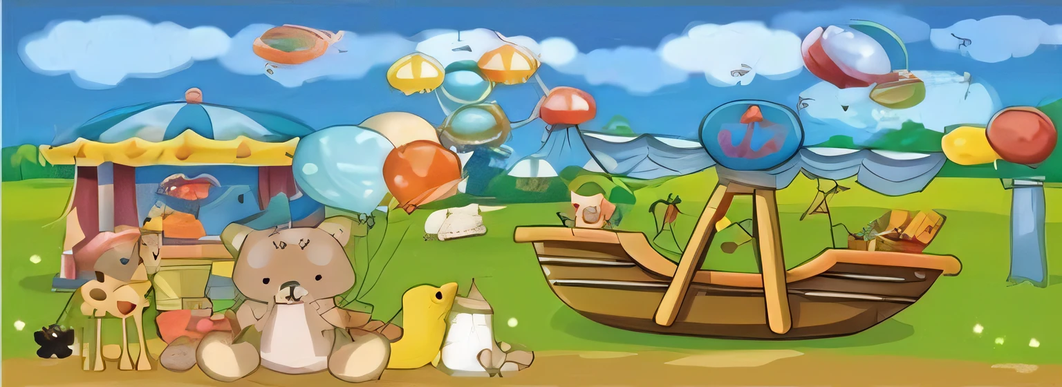 cartoon scene of a carnival with a boat, Tiere, and balloons, hot air balloon, as an air balloon, sunny day time, mobile game, acrace catoon, childhood memory, baloons, Peaceful environment, dia soleado, children's cartoon, 😃😀😄☺🙃😉😗, happy birthay, find the hidden object, 2 d game --auto