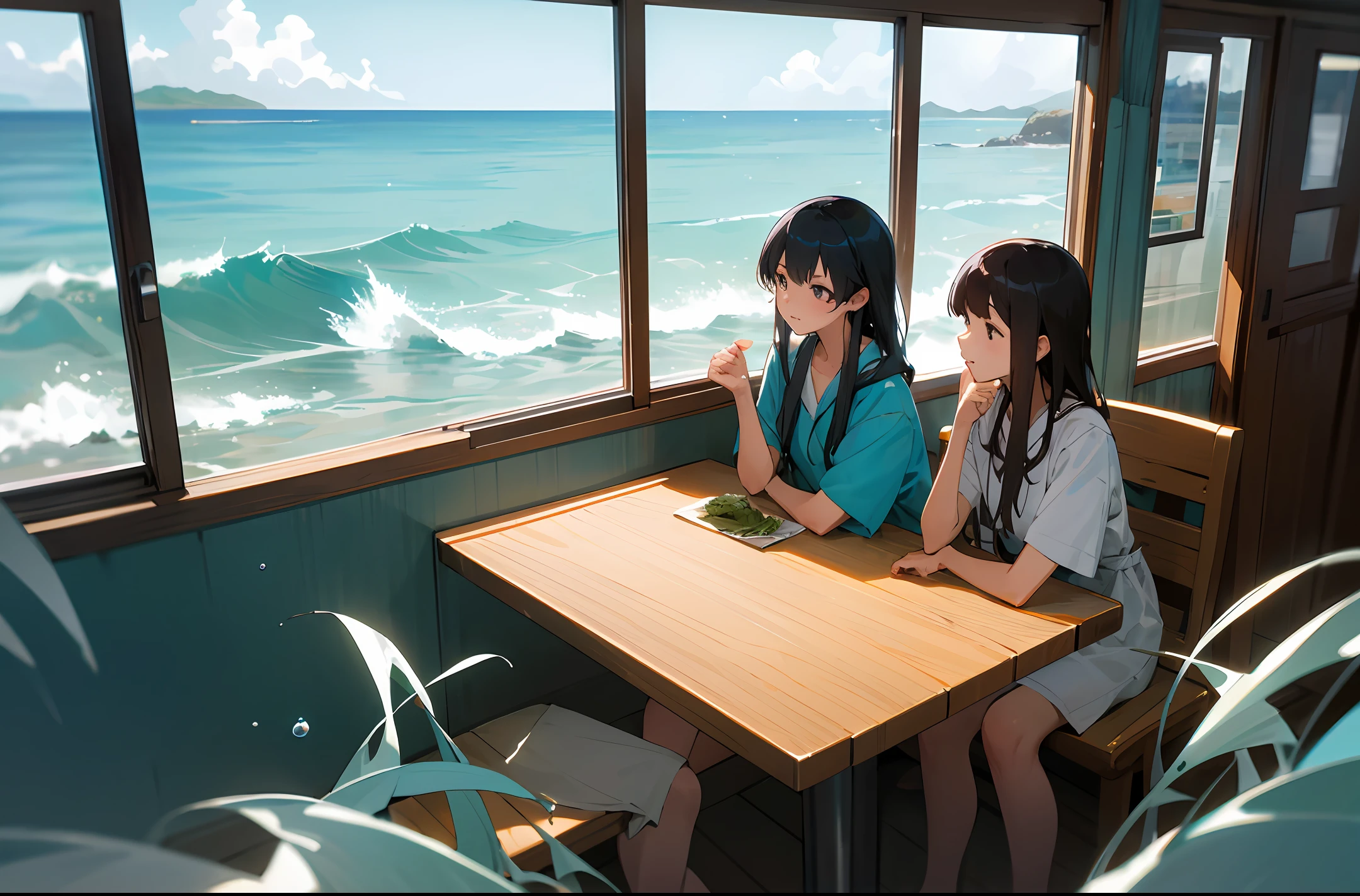 Hawaii's seaside。A warm breeze blows into the kitchen。I took a deep breath of the sea,Look out at the waves。
Outside the window,Cathy and Jessica were sitting at the table chatting。