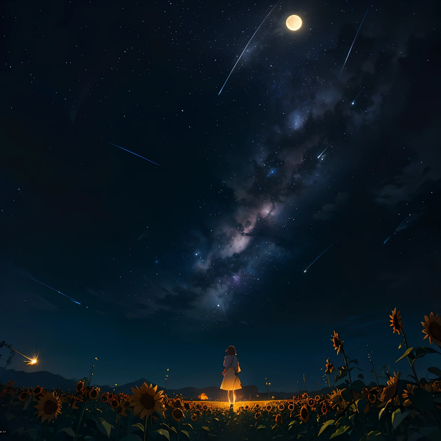 Large landscape photo (bottom view of sky and sky), girl standing in a field of sunflowers looking up, (full moon: 1.2), (shooting star: 0.9), (nebula: 1.3), distant mountain, BREAK tree Production Art, (Warm Lights: 1.2), (Fireflies: 1.2), Lamps, Lots of Purples and Oranges, Intricate Detail, 3D Lighting, BREAK Realism (Excellent: 1.2), (Best Quality), 4k, Super Detail , (Dynamic Composite: 1.4), Highly Detailed, Colorful Detailed, (Rainbow: 1.2), (Bright Lighting, Atmospheric Lighting), Dreamy, Magical, (Solo: 1.2) --auto