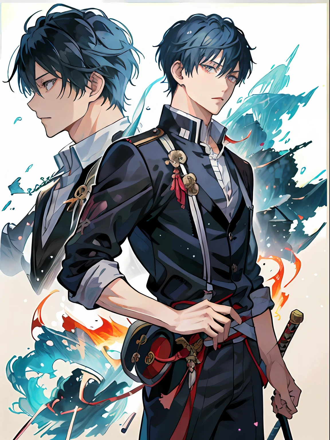 ((最好的质量、A masterpice))、Two handsome men、Comic art、Anime character of a man with fire and sword、Katekyo Hitman Reborn、otaku gangasta、sirius a and sirius b、high quality fanart、from cryptid academia、inspired by Masanobu Okumura、epic anime style、anime poster、detailed fan art、illutst!,Akihiko Inoue and Rostran