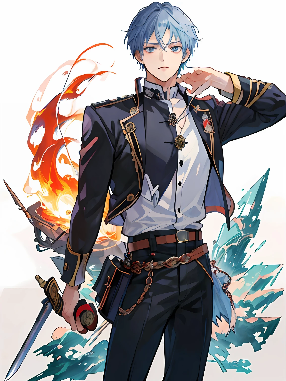 ((最好的质量、A masterpice))、Two handsome men、Comic art、Anime character of a man with fire and sword、Katekyo Hitman Reborn、otaku gangasta、sirius a and sirius b、high quality fanart、from cryptid academia、inspired by Masanobu Okumura、epic anime style、anime poster、detailed fan art、illutst!,Akihiko Inoue and Rostran