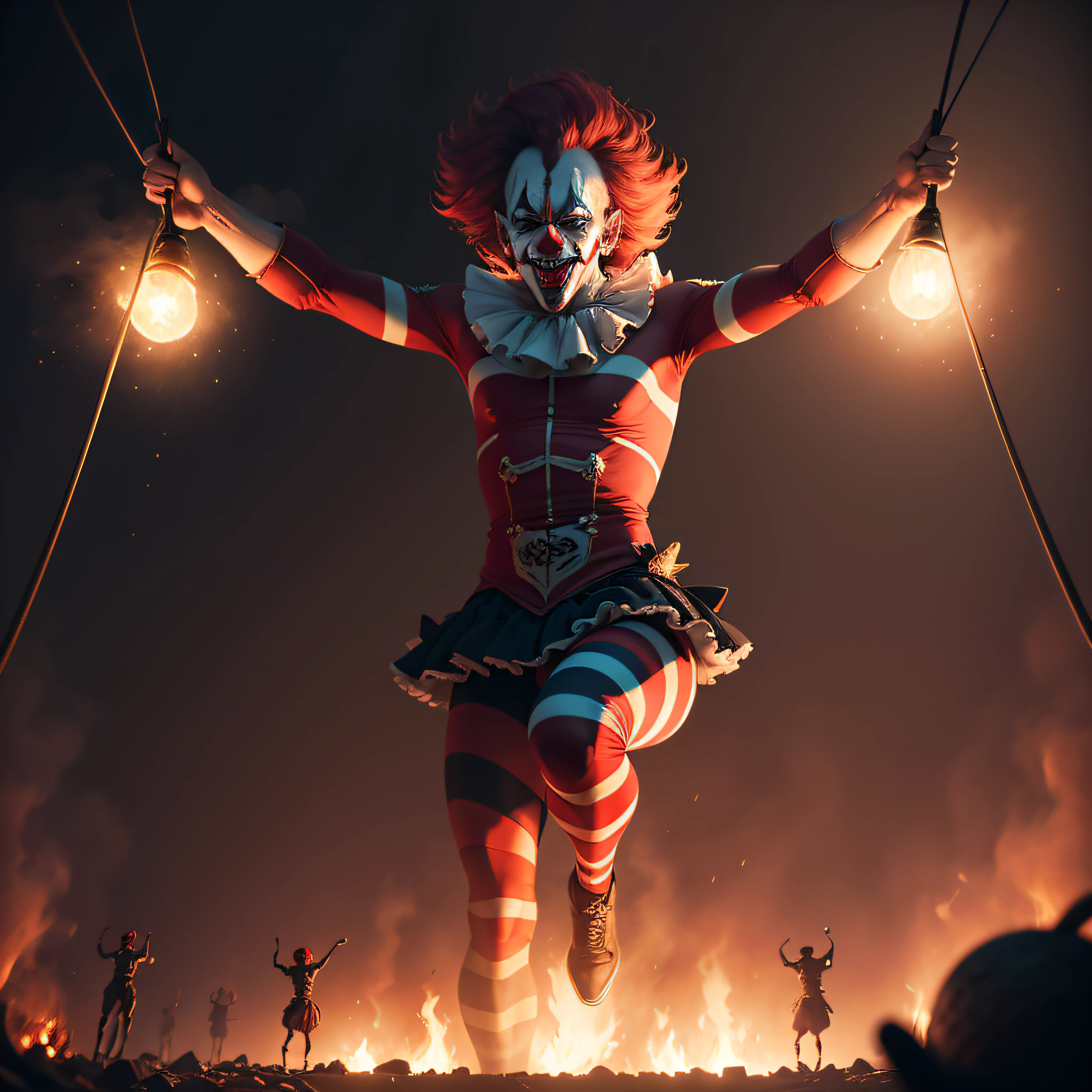 Malevolent Circus Tricks An image showcasing an evil clown performing twisted and dangerous tricks, such as juggling flaming objects or walking on a tightrope suspended over a pit of darkness, Ultra realism, color field printing, high detail, UHD, 8k, anatomically correct, cinematic lighting 4d quality --auto