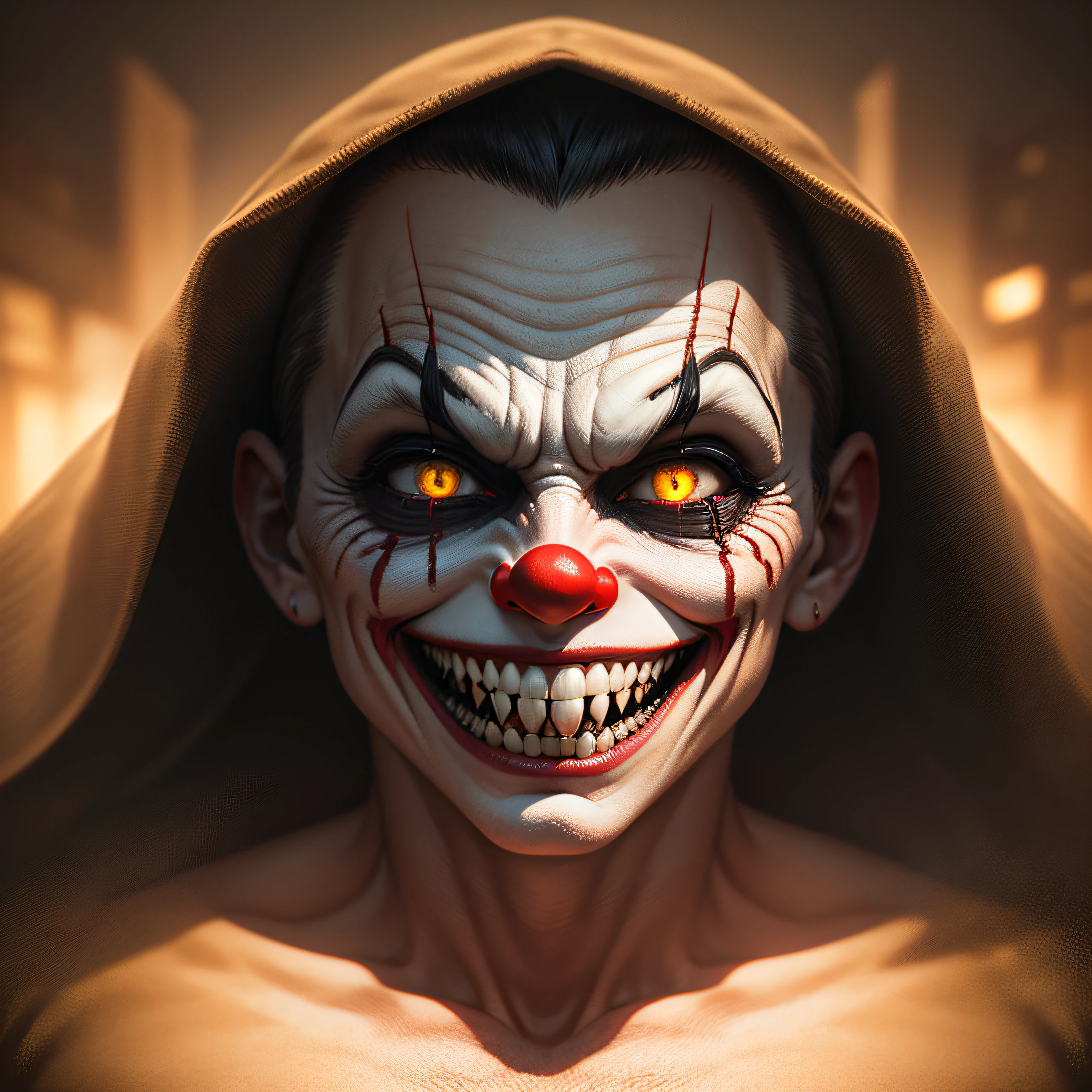 Nightmare Grin An image featuring an evil clown with a menacing grin, showcasing sharp, yellowed teeth and an unsettling smile that sends chills down the spine, Ultra realism, color field printing, high detail, UHD, 8k, anatomically correct, cinematic lighting 4d quality --auto