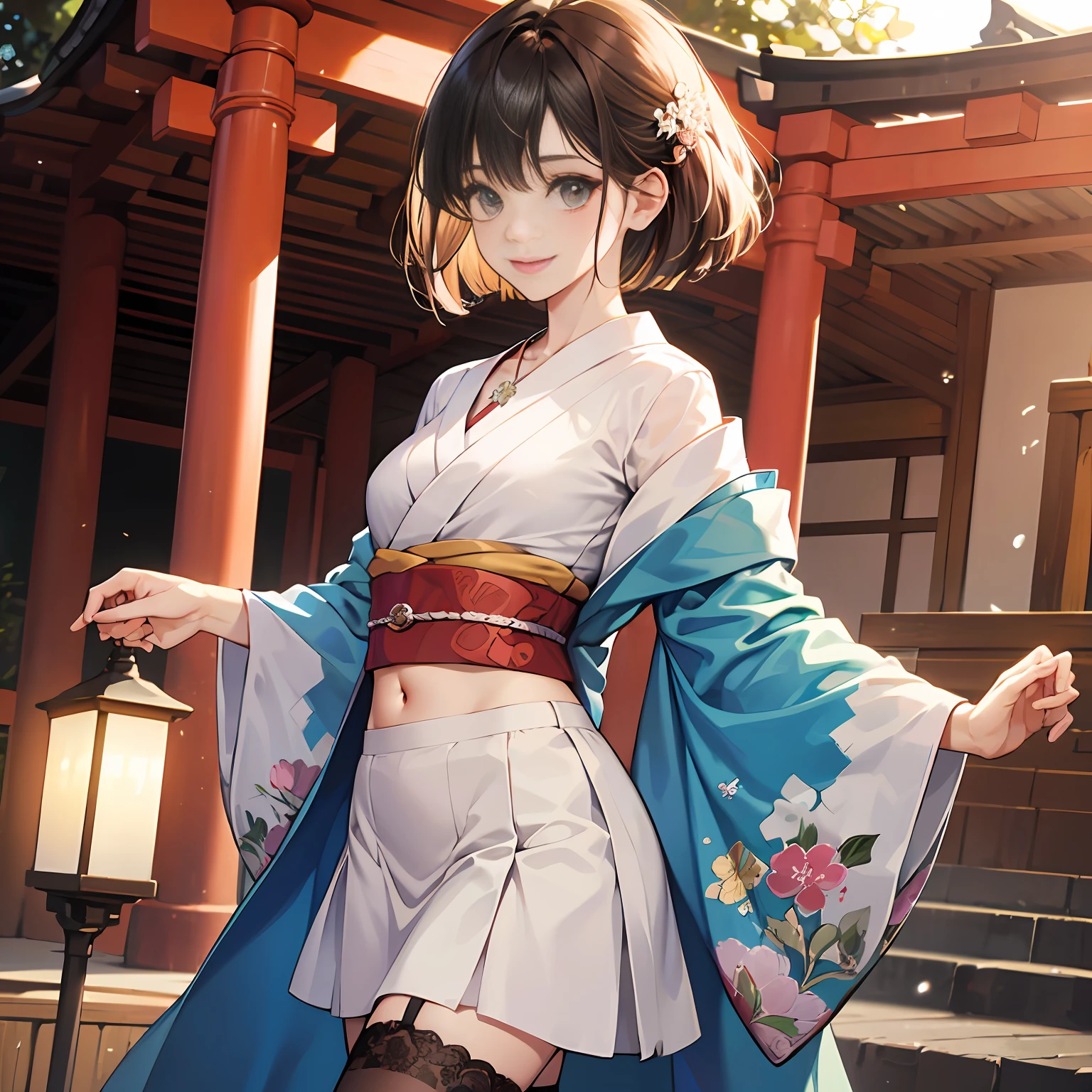 Smiling Mingcheng、 absurdist、Keep your mouth shut、Balanced eyes、 (best quality details:1.2)、Realstic、8K high resolution、Super Detail、High quality textures、complicated detail、Very detailed CG、High quality shadows、Detail Beautiful delicate face、(Detail Beautiful delicate eyes:1.32)、Depth of field、raytraced、(a beautiful 25 year-old cute japanese lady:1)、smalll breasts、tall_Beautiful_Legs、 gloweyes、blushful、Perfect petite body、skiny、 Blurry outdoor background、 Open coat:1.1, [brown_Skirt]:1, Stockings and garter belts:1.2, bob cut  hair, day light, 耳环,neckless, Models, looking-at-viewer, dinamic pose, 耳环,neckless, Models, lookind at viewer, From Side, dinamic pose, facing front、Navel Ejection、shrine maiden、wearing kimonos、jinja shrine、abdominals --auto