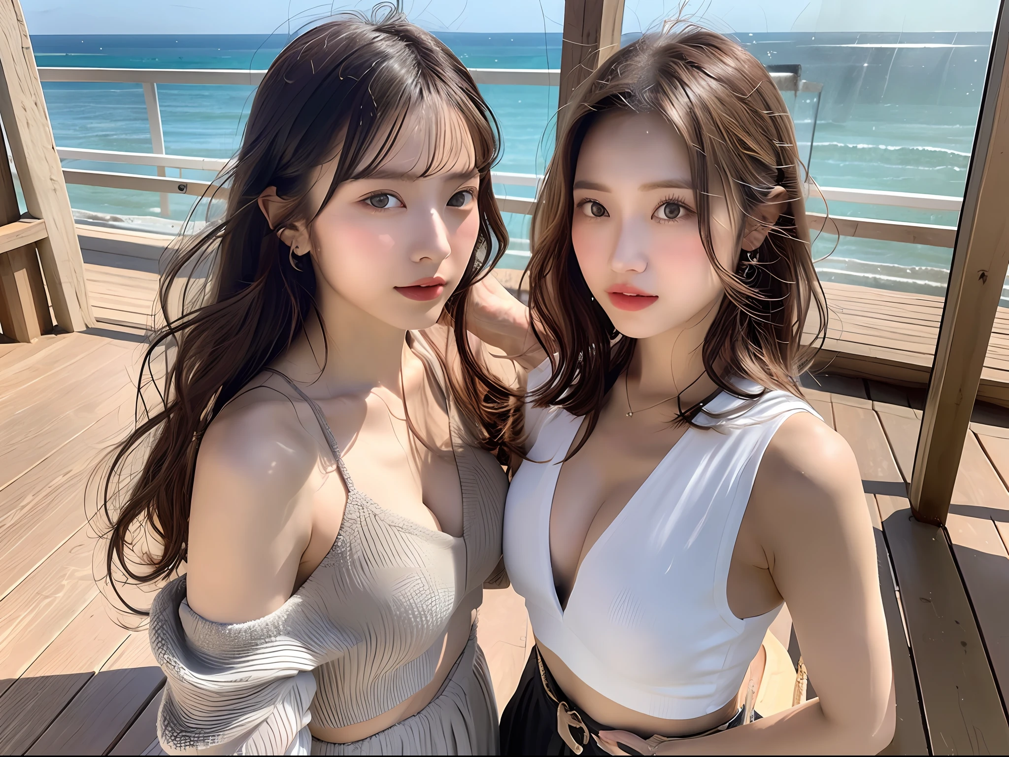 (8k, Best Quality, Masterpiece:1.2),(hair_style) ,(Realistic, Photorealistic:1.37), Best Quality, Masterpiece, Shot on a wooden deck with a view of the sky and sea in the summer sun, [Small breasts], Two models with a similar atmosphere, two people arranged in a well-balanced manner, high balance, backlight, camera angle from below, Hands over the ears, Shot in natural light from morning to noon, Hairstyle and fashion style according to the trend of Japan in 2023, realistic, lifelike, super detailed, beautiful face, 30s, actress, Japan and half Russian model, elaborate CG, slender, cute, adult, hairstyle is two long models and bob models according to the Japan fashion of 2023, hair fluttering in the wind, delicate skin type, The fine details and softness of the hair, the model's hair color is slightly bright and soft, the glossy makeup, fashion style is a cheerful impression with a bright color surf fashion without exposure that matches the summer trend of 2023