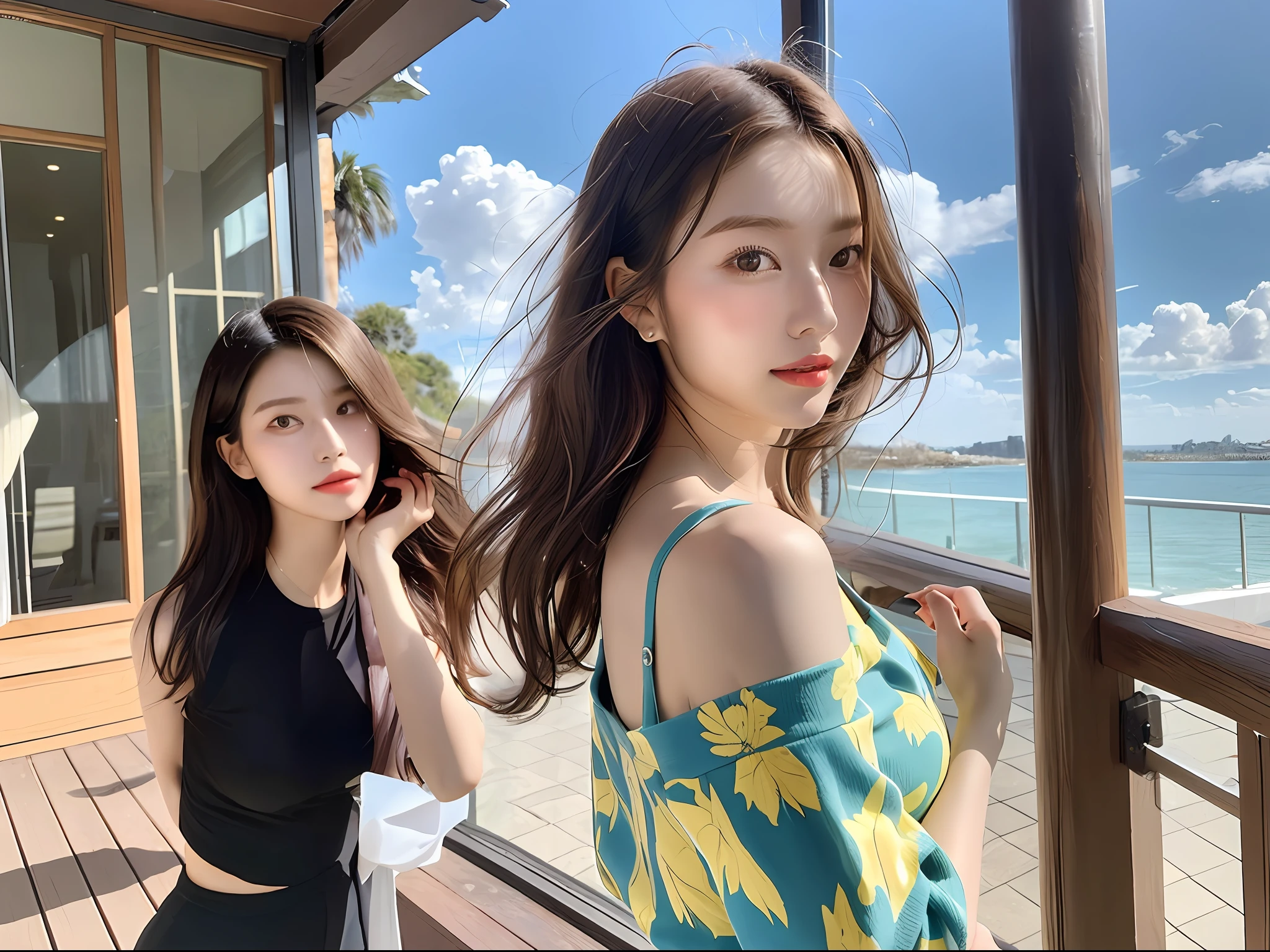 (8k, Best Quality, Masterpiece:1.2),(hair_style) ,(Realistic, Photorealistic:1.37), Best Quality, Masterpiece, Shot on a wooden deck with a view of the sky and sea in the summer sun, [Small breasts], Two models with a similar atmosphere, two people arranged in a well-balanced manner, high balance, backlight, camera angle from below, Hands over the ears, Shot in natural light from morning to noon, Hairstyle and fashion style according to the trend of Japan in 2023, realistic, lifelike, super detailed, beautiful face, 30s, actress, Japan and half Russian model, elaborate CG, slender, cute, adult, hairstyle is two long models and bob models according to the Japan fashion of 2023, hair fluttering in the wind, delicate skin type, The fine details and softness of the hair, the model's hair color is slightly bright and soft, the glossy makeup, fashion style is a cheerful impression with a bright color surf fashion without exposure that matches the summer trend of 2023