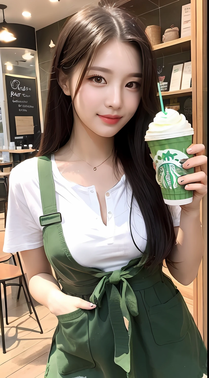Top quality beautiful sister without makeup carrying frappuccino in a café in the afternoon、Generate at the highest resolution。She wears a white shirt and green apron, and her beautiful black hair is tied into one and has a clean appearance.。