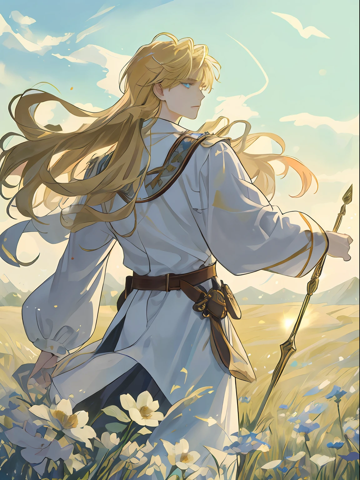 ((top quality, masterpiece)), depicting the image of a beautiful blonde male wizard standing in the meadow. He is dressed in a white robe, which is depicted as fluttering in the wind. His long blonde hair extends gracefully to his back, showing him fluttering in the wind.
His face expresses the wisdom and power of a superior wizard, and his glowing blue eyes suggest that he has magical powers. In his hands, he is depicted holding a magic wand or emanating a magical light from his palm.
The surrounding grasslands are painted in bright and vivid colors, expressed with a soft touch like watercolor. The wind churning the grasslands, you can feel the dancing of the grass and flowers.