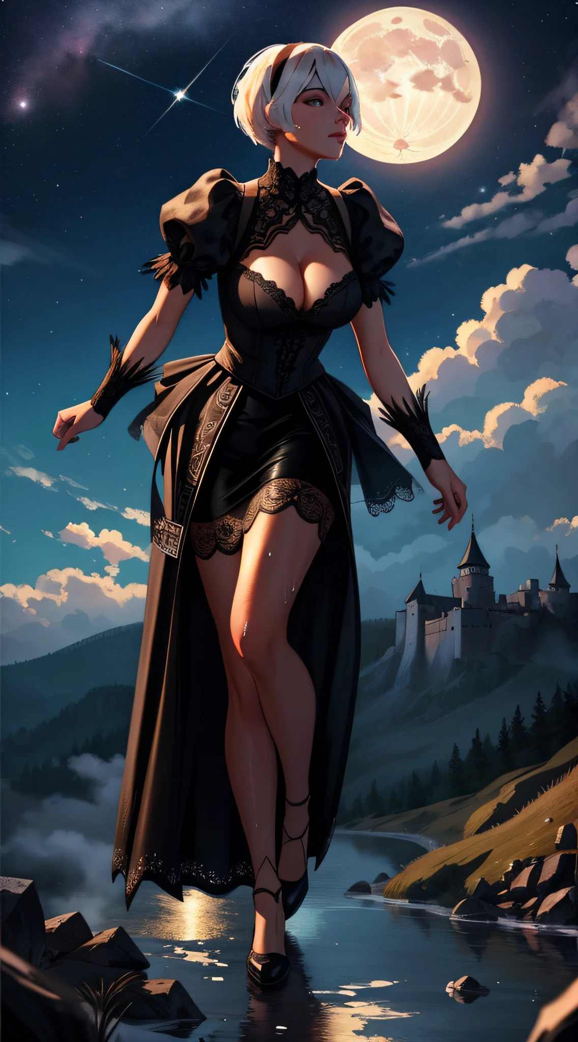 watercolor painting, (moonlight), (beautiful night sky with clouds), full body portrait of ((wet)), stunningly beautiful ( 2b nier : 1.5 ), wearing ((see through lace skirt)), (detailed face), deep cleavage , (view from_sides ) , messy, ornate, at A mountaintop fortress, home to a powerful sorcerer and his army of elemental golems, castle on top of a hill in the distance, by artist christophe young and by artist ilya kuvshinov,