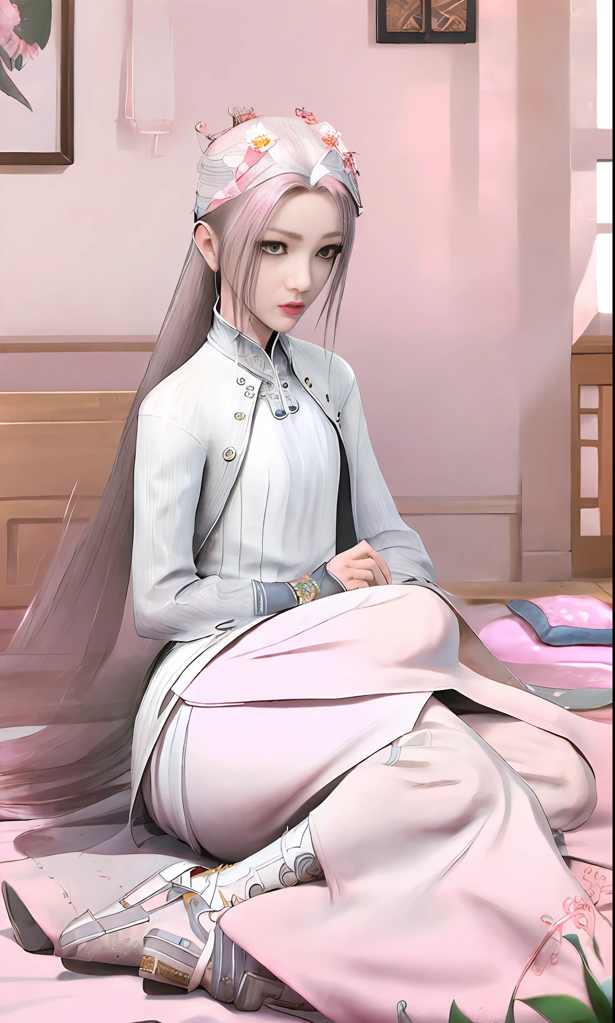 Chinese style, white hair, Chinese clothing, Tang style Hanfu, Hanfu, ((((pink and white skirt)), embroidery, over-the-knee socks, high heels, interior, bed