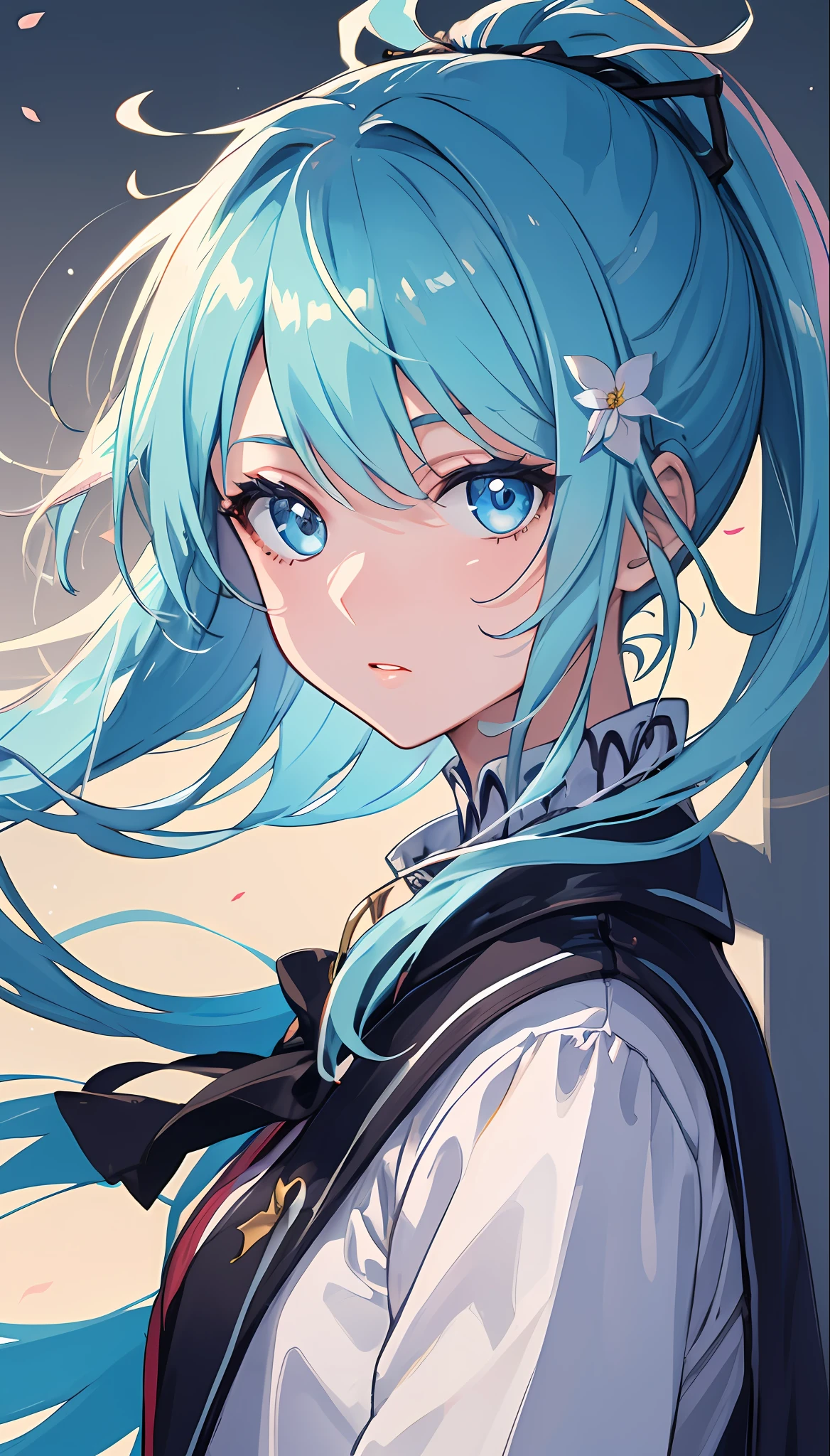 (masterpiece), (best quality), (ultra detailed),(disheveled hair),(illustration), (1girl), (Fashionable clothing), standing, Fashion model, looking at viewer, (interview), (simple background),beautiful detailed eyes, delicate beautiful face, Floating,(high saturation),(colorful splashes),colorful bubble,(shining), focus on face, ponytail, kamisato ayaka, light blue hair, bangs, hair ring, floating flowers, floating hairs, (shining), best lighting, best shadow,