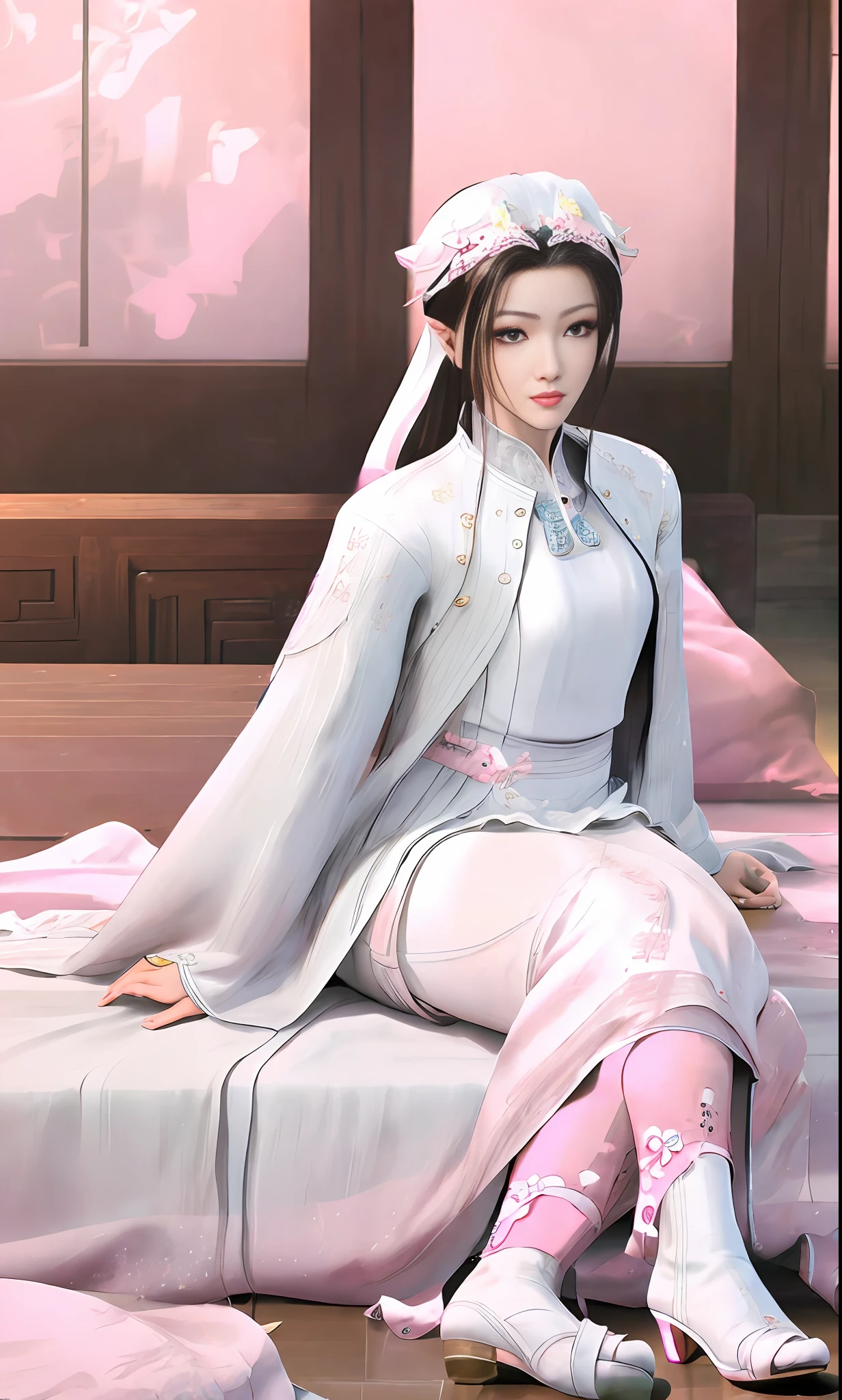 Chinese style, white hair, Chinese clothing, Tang style Hanfu, Hanfu, ((((pink and white skirt)), embroidery, over-the-knee socks, high heels, interior, bed
