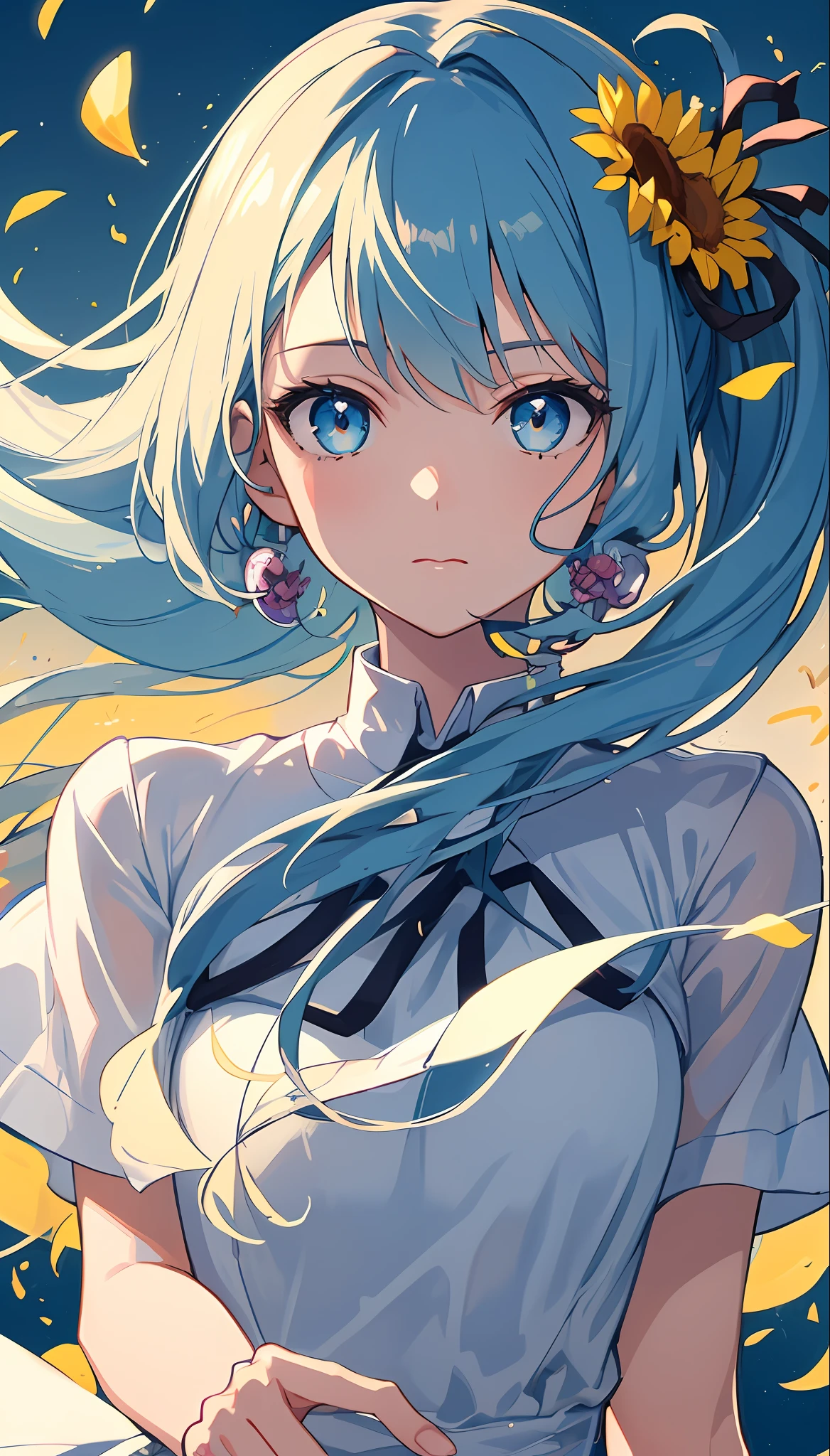(masterpiece), (best quality), (ultra detailed),(disheveled hair),(illustration), (1girl), (Fashionable clothing), standing, Fashion model, looking at viewer, (interview), (simple background),beautiful detailed eyes, delicate beautiful face, Floating,(high saturation),(colorful splashes),colorful bubble,(shining), focus on face,  ponytail, kamisato ayaka, light blue hair, bangs, hair ring, floating flowers, floating hairs, (shining), best lighting, best shadow,