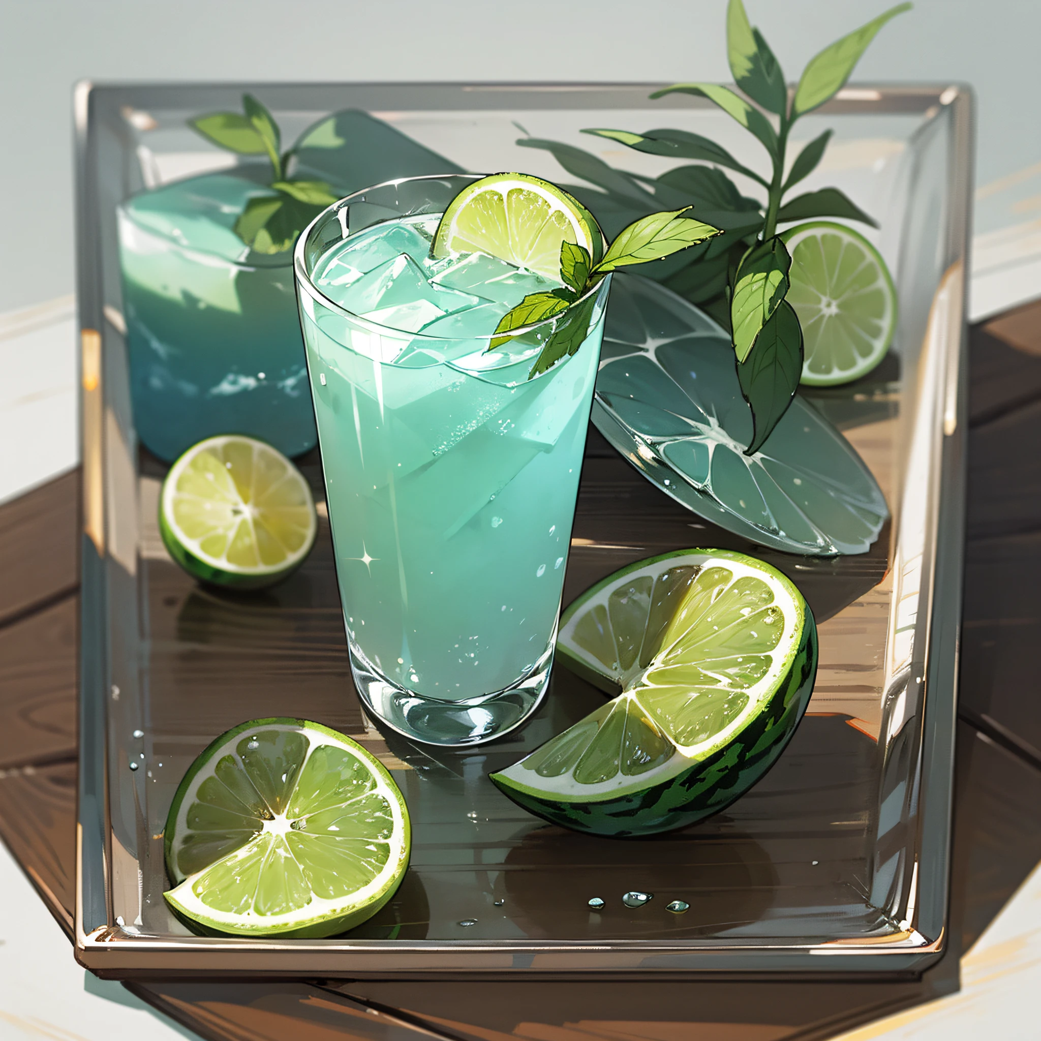 In summer, a cool iced drink, glass, good-looking glass, perfect glass, sparkling water, blue to green gradient, mint, lemon, placed on a wooden tray with a few pieces of watermelon next to it