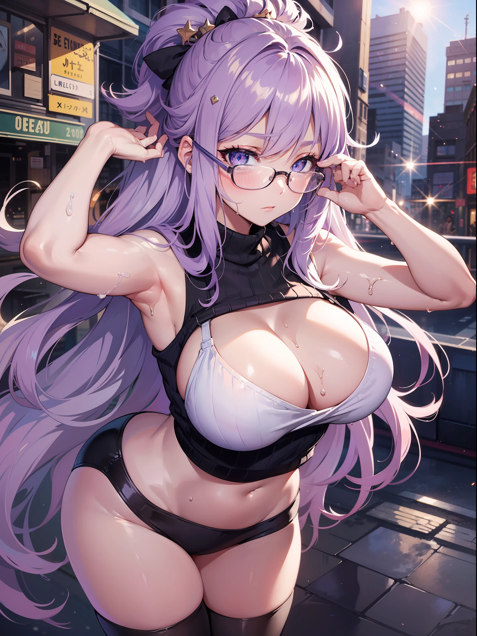 ((Maste Piece)), ((Best Quality)), (Ultra-detailed), ((kawaii)), Cute, (Lovely), ((Sexy)), (Ero), ((Extremely detailed)), 4K, (8K), Best Quality, (Beautiful), Illustration, Anime style, Painting, Dynamic Angle, Upper body, (Raise your arms), heavy outline, clear outlines, gradients, full body focus, City, Town, daytime, Summer, Pretty women, Sleeveless Sweater, Solo, Beautiful purple hair, Beautiful purple eyes, ((Beautiful eyes)), White-skinned, Wet skin and clothes, Long hair, a large breast, Glasses, (ashamed), Troubled expression, blush, sparkling effect, Lens Flare, shiny-glistening, gleaming, lotion,