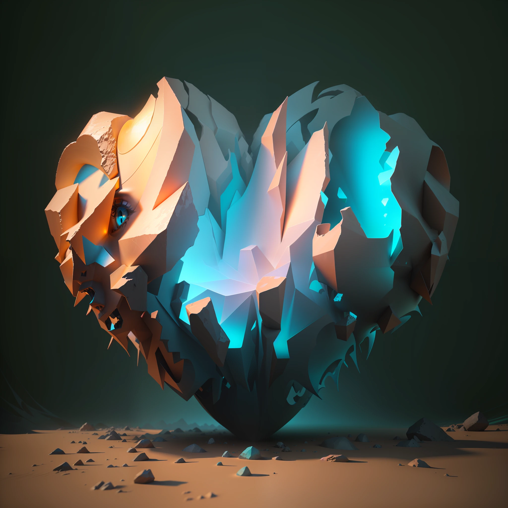 there is a heart shaped object made of rocks in the desert, estilo de arte original heartstone, arte conceitual emocional, inspirado em Mike Winkelmann, 3 d render stylized, renderizado em octanagem, 8k arte impressionante, 3 d renderizado em octanagem, inspirado em Christopher Balaskas, 3d renderizado em octanagem, arte renderizada, 3 d render bipe