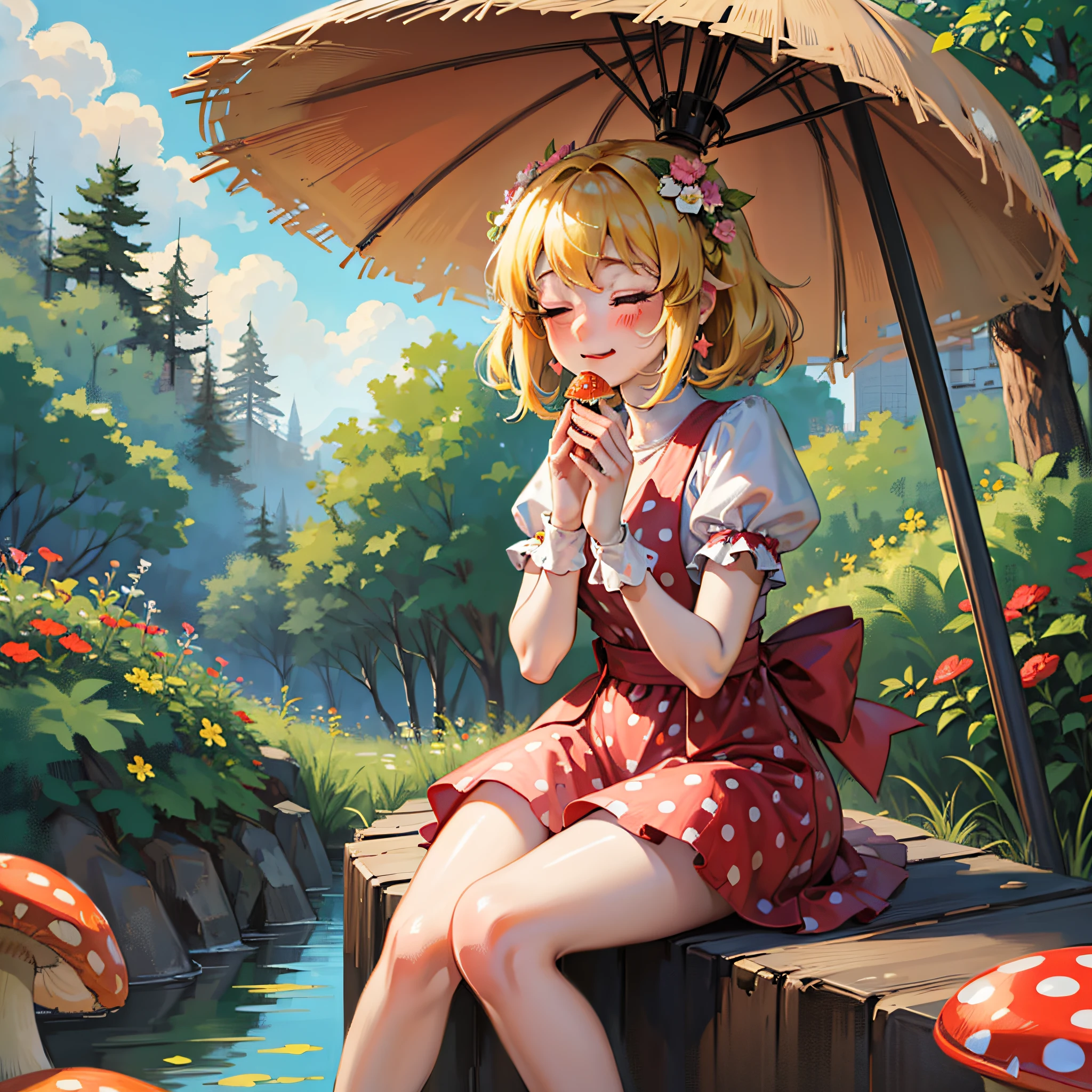 kawaii amitie ite cute 1girl, embarrassed nose blush smile style parody princess peach sitting on a giant red polka dot mushroom, even lighting, eyes closed, smelling flower in hands