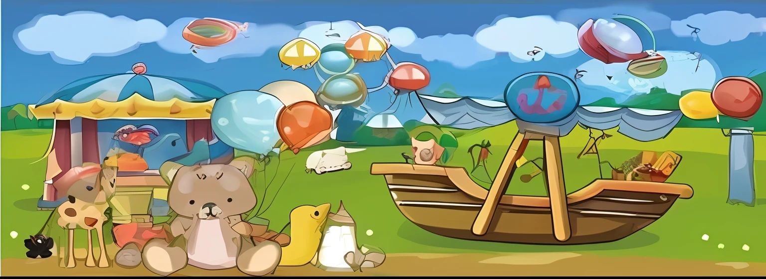 cartoon scene of a carnival with a boat, Tiere, and balloons, hot air balloon, as an air balloon, sunny day time, mobile game, acrace catoon, childhood memory, baloons, Peaceful environment, dia soleado, children's cartoon, 😃😀😄☺🙃😉😗, happy birthay, find the hidden object, 2 d game --auto