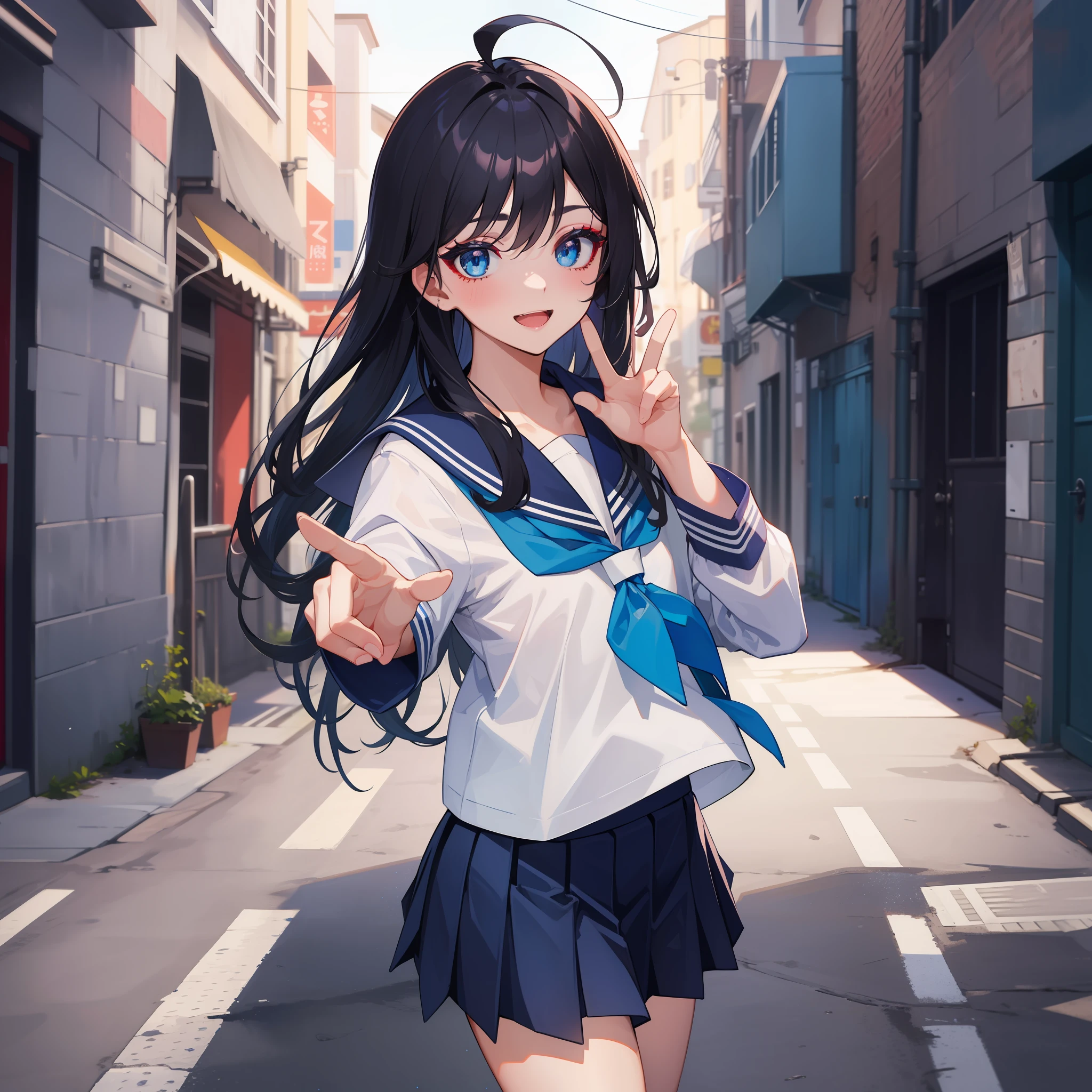 1babes、black hair、Long hair、Ahoge falls on the eyes、Back alley、are standing、Student uniforms、Open your mouth、smile on face、Hand Pose、piece sign、 sock, serafuku, neckerchief, Sailor collar, pleats skirt, white sock, Blue skirt, ((Half-sleeved)), shirts, whiteshirt, Blue sailor color, Blue neckerchief,bangss、Blue Eye、Emphasized eyes、((Red eyeshadow))、cow-boy shot